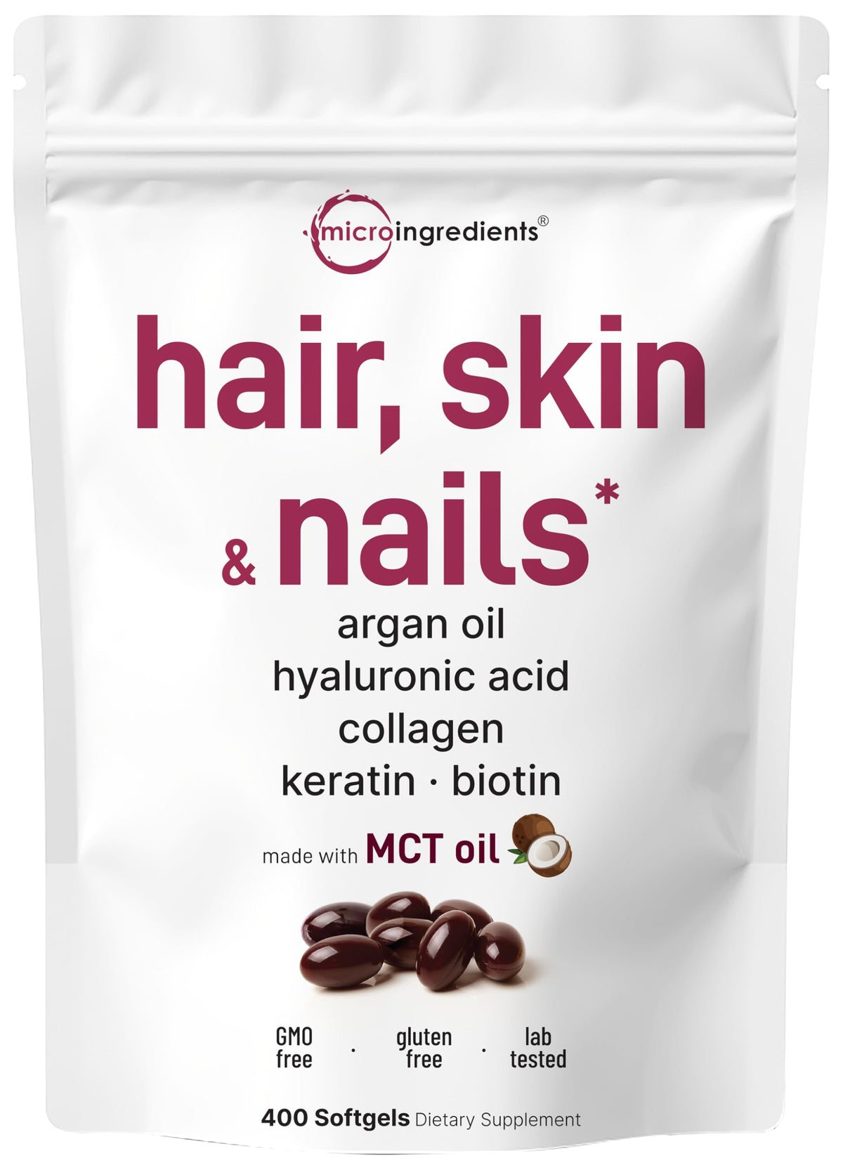 Micro Ingredients Softgelules: cheveux, peau et ongles, absorption améliorée par l'huile MCT.