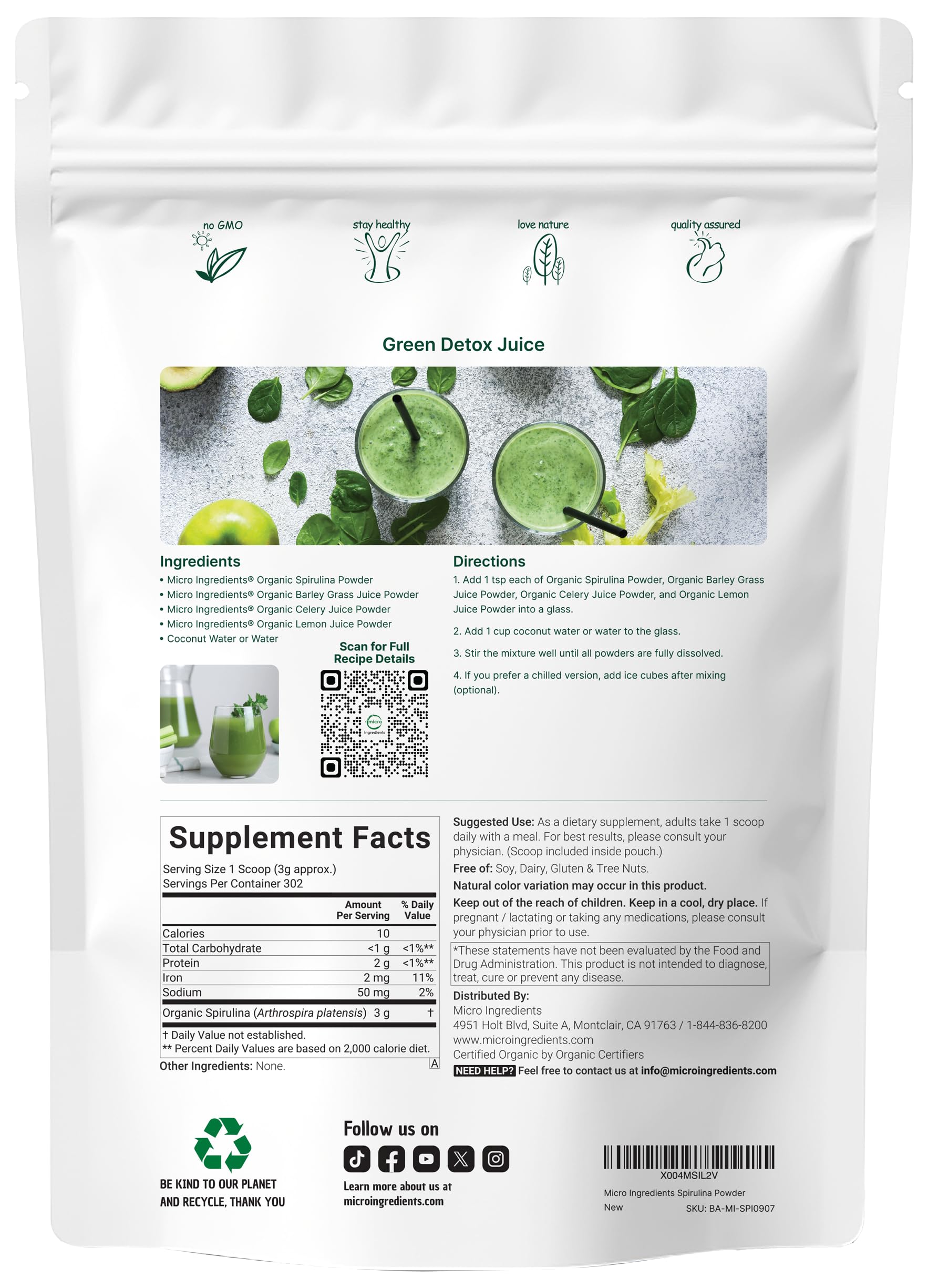 Spiruline Micro Ingredients poudre smoothie vert naturel