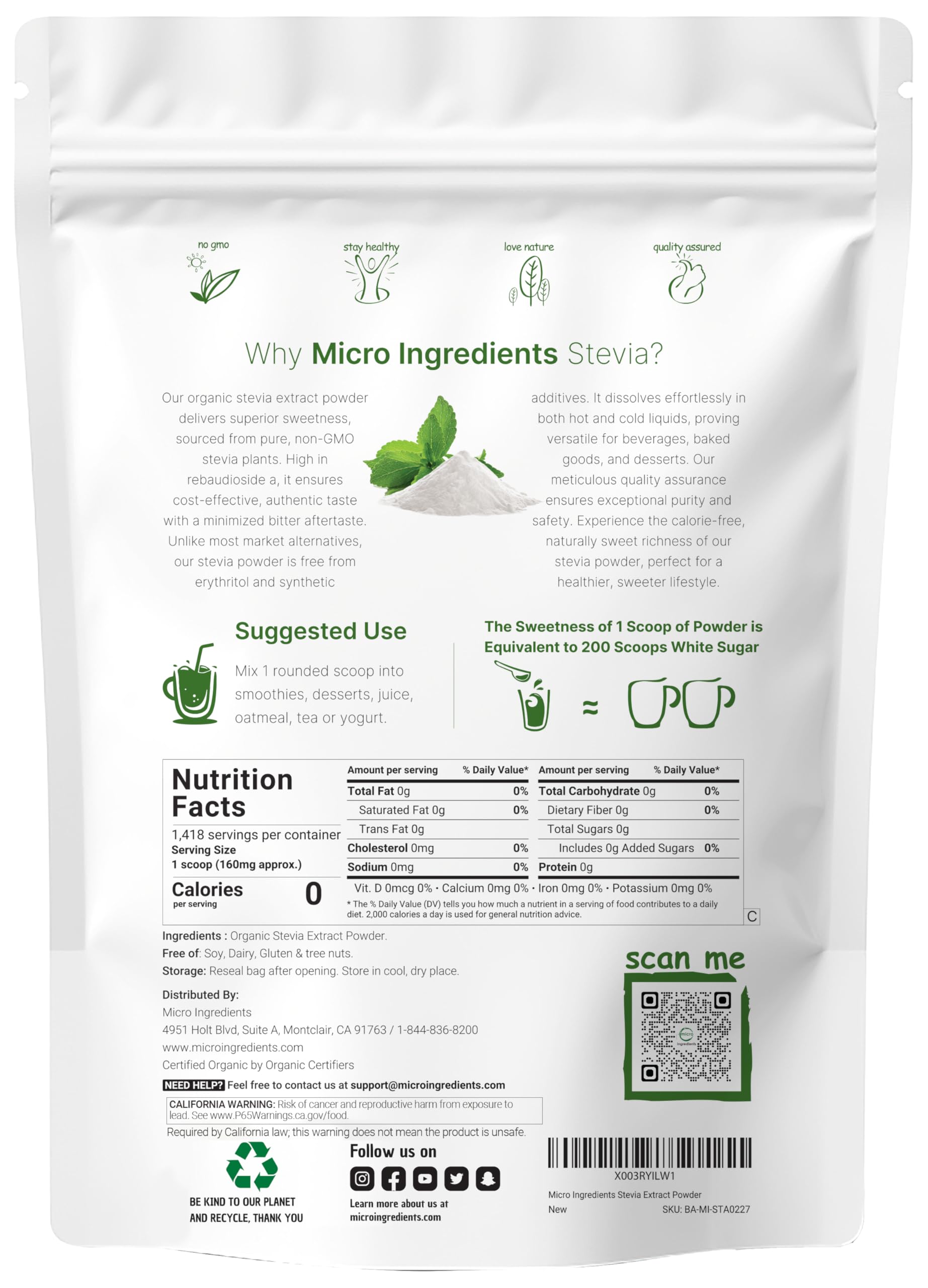 Micro Ingredients Stevia Poudre doseur inclus facilitant les dosages