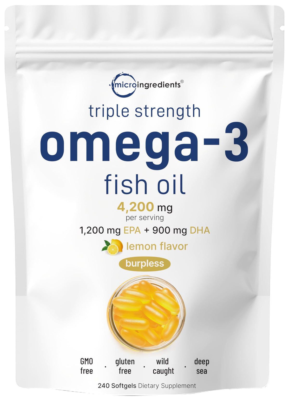 Gélules Micro Ingredients Oméga-3 au citron, flacon visible pour un apport quotidien pratique.