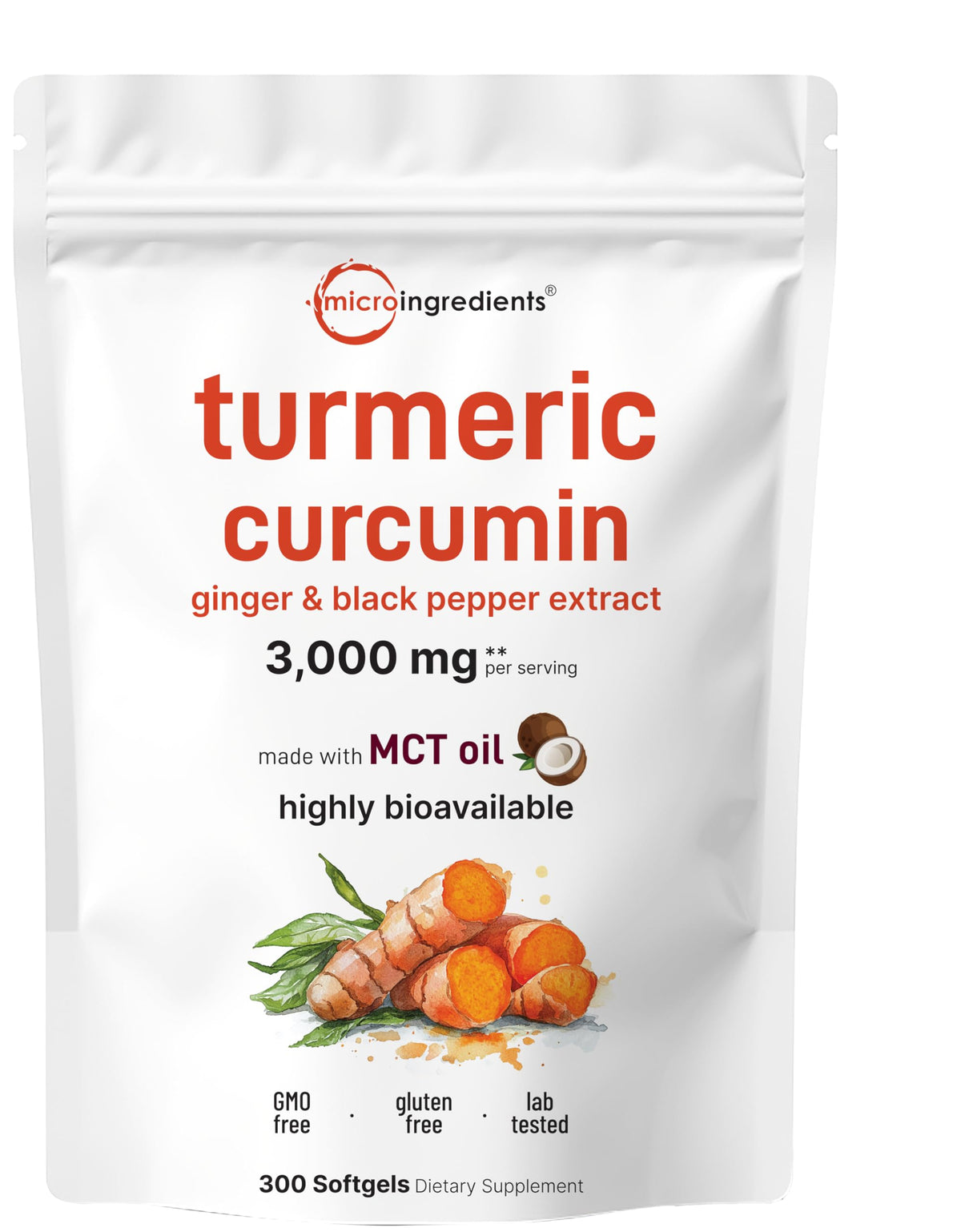 Gelules Turmeric Curcumin Micro Ingredients 3000 mg en gélules avec huile MCT pour absorption optimale.