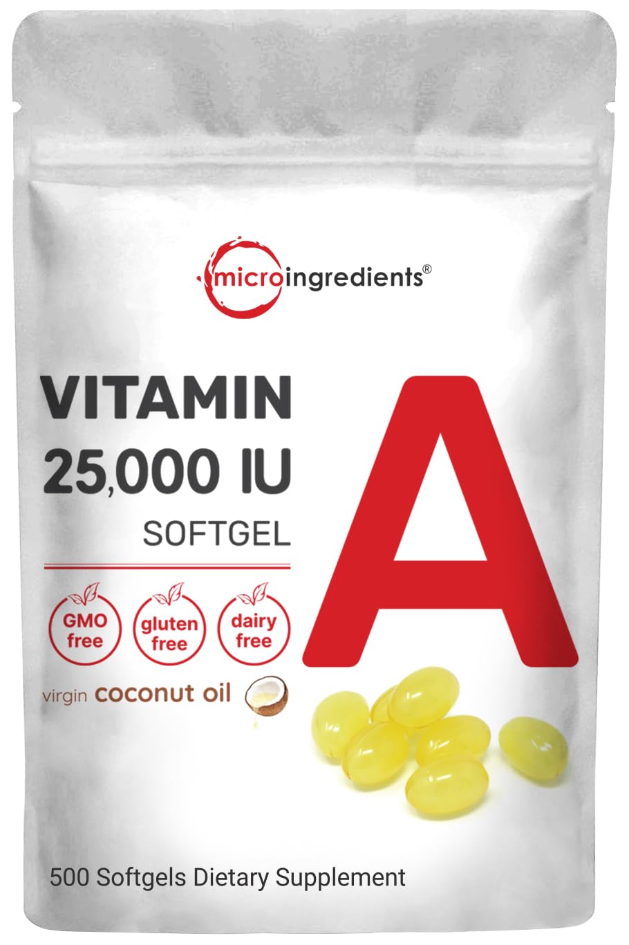 Micro Ingredients Vitamine A 25000 UI, gélules coco, absorption améliorée.