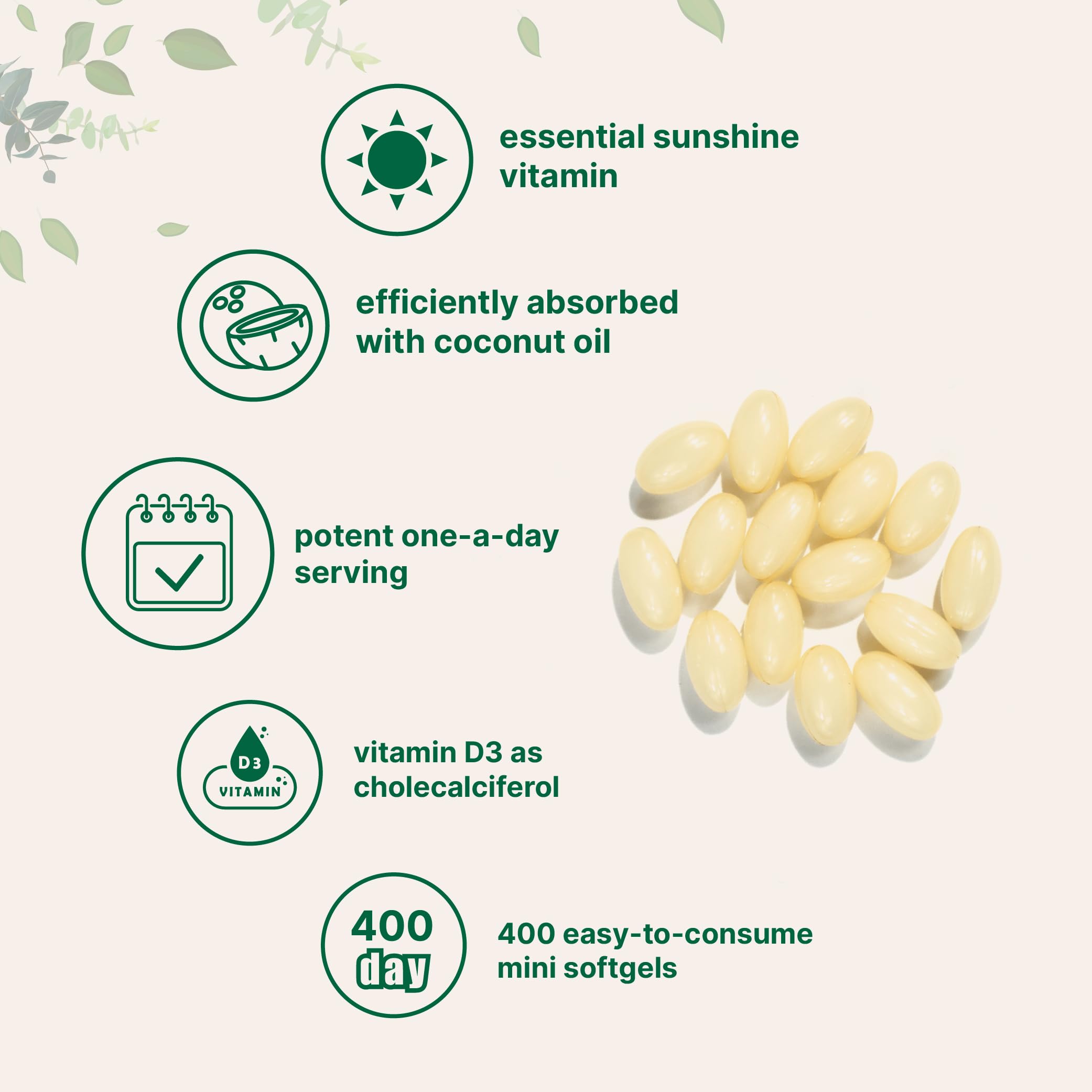 Capsules Micro Ingredients D3 avec huile de coco pour meilleure biodisponibilité des lipides.