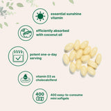 Capsules Micro Ingredients D3 avec huile de coco pour meilleure biodisponibilité des lipides.