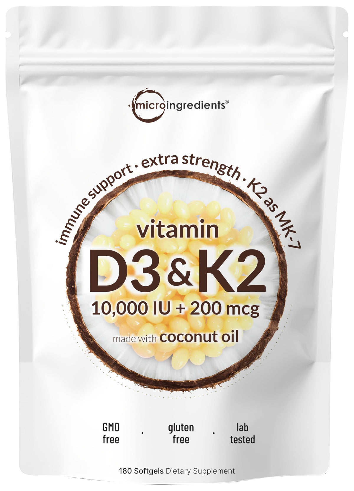 Micro Ingredients D3/K2, bouteille, absorption améliorée par l’huile de coco.