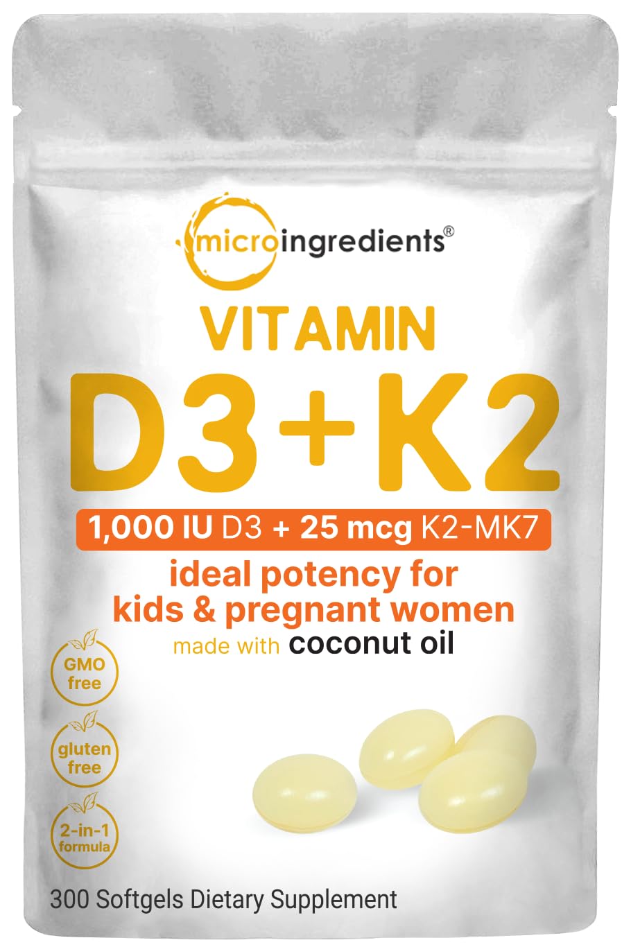 Gélules Micro Ingredients vitamine D3 + K2 MK-7 en bouteille, soutien immunitaire potentiel.