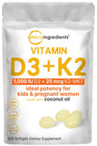 Gélules Micro Ingredients vitamine D3 + K2 MK-7 en bouteille, soutien immunitaire potentiel.