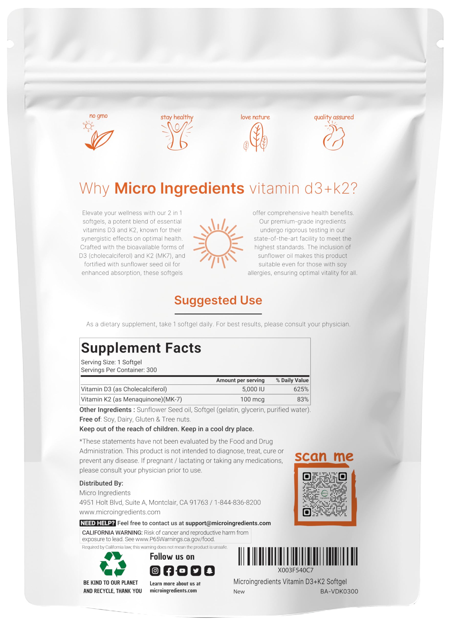 Micro Ingredients vitamine D3 K2 MK7 – capsules molles faciles à avaler au quotidien.