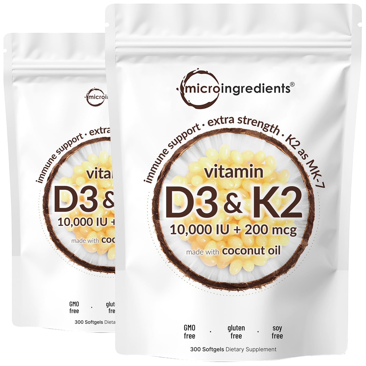 Micro Ingredients Vitamine D3 et K2 MK7, capsules douces avec huile de coco facilitant l'absorption.