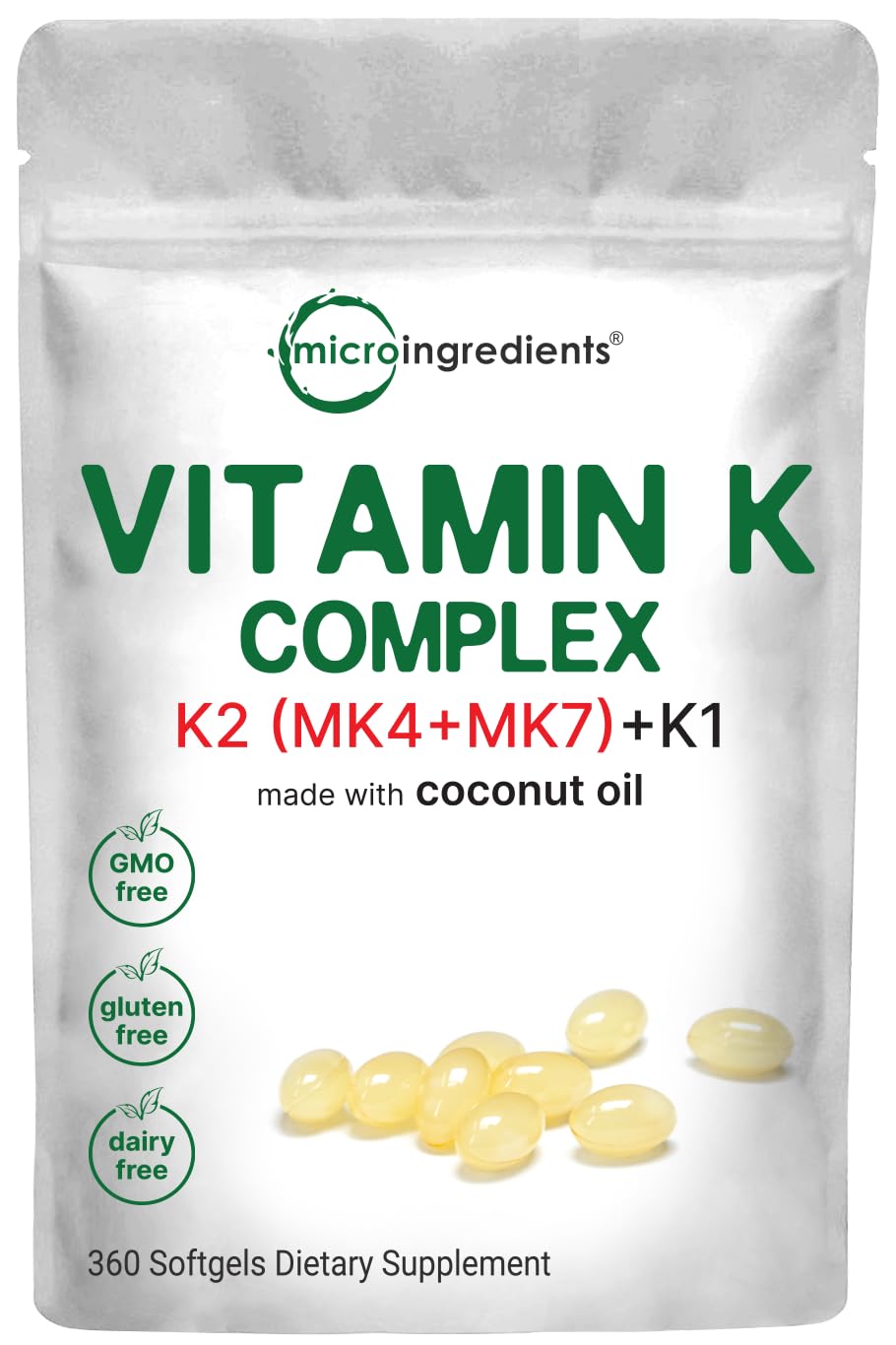 Micro Ingredients Super Vitamine K Complex – bouteille et capsules molles, absorption améliorée grâce à l huile de coco.