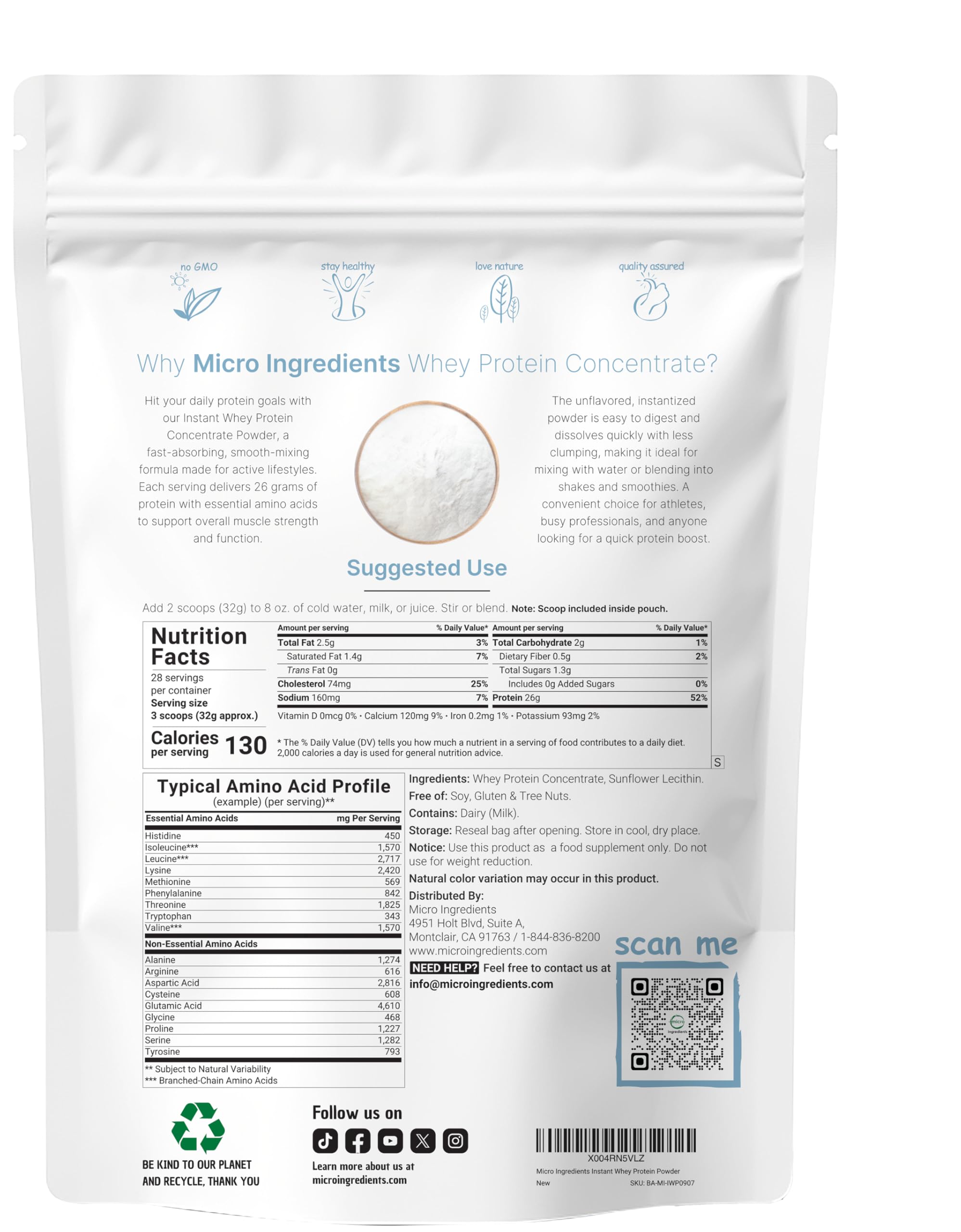 Protéine whey Micro Ingredients, 26 g par portion, performance protéique prête à l'emploi