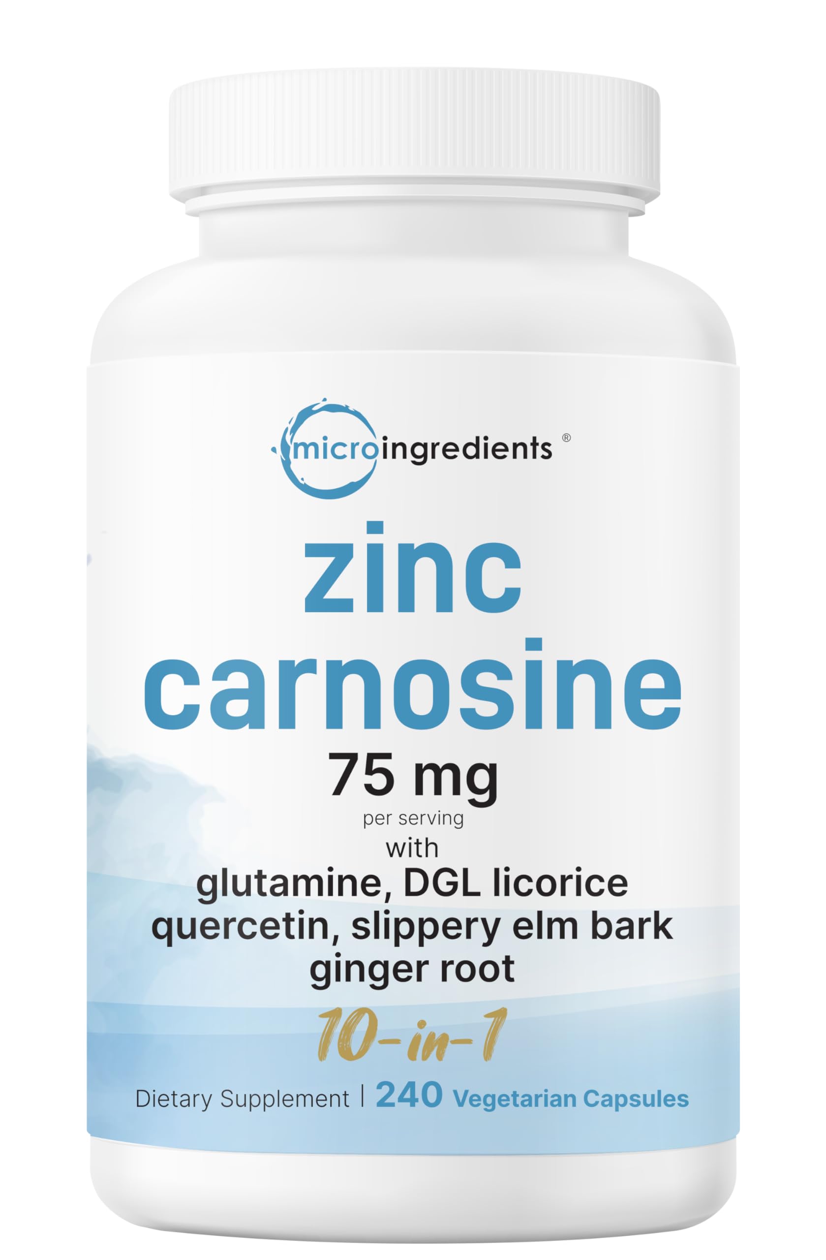 Micro Ingredients Zinc Carnosine 75mg, bouteille de capsules végétales prêtes à l'emploi.