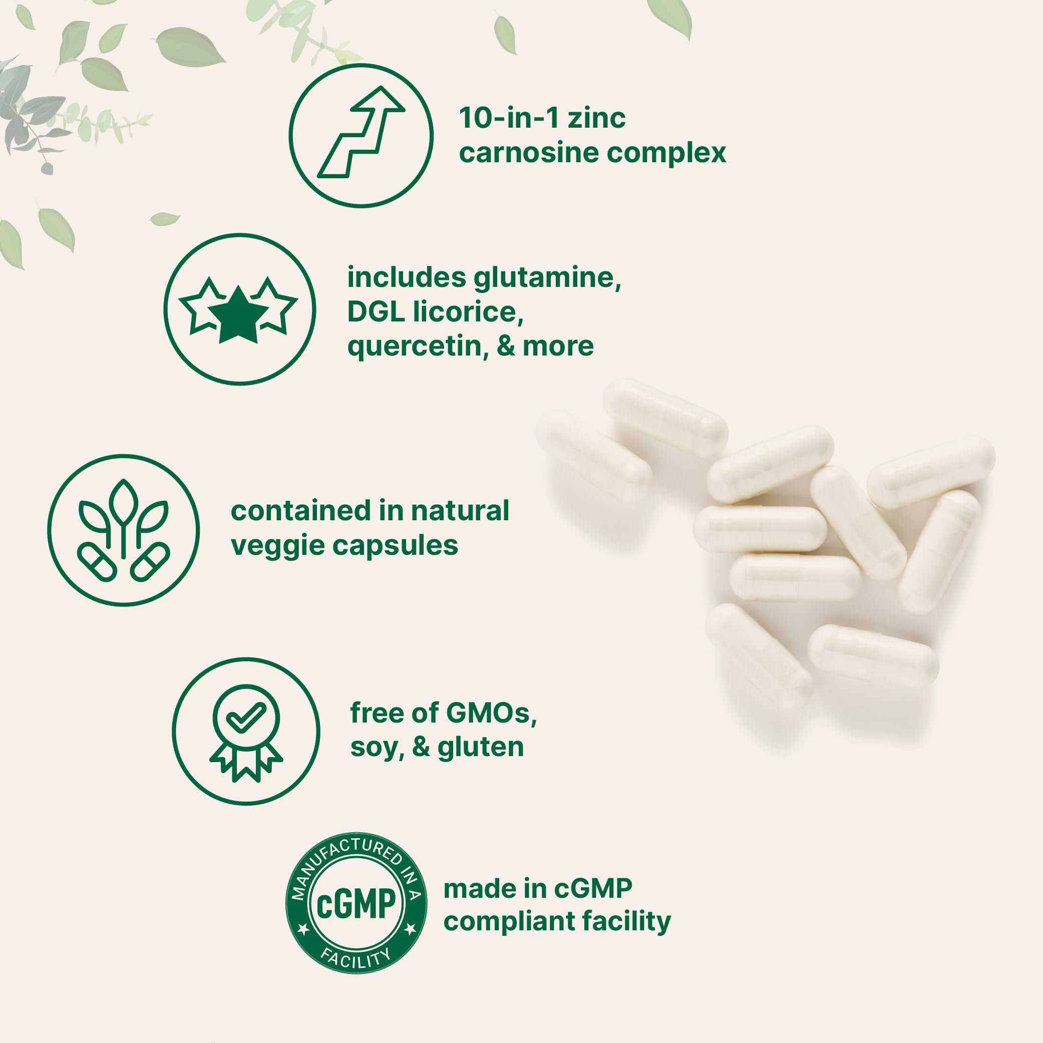 Micro Ingredients Zinc Carnosine 75mg, capsules végétales sans OGM ni gluten.