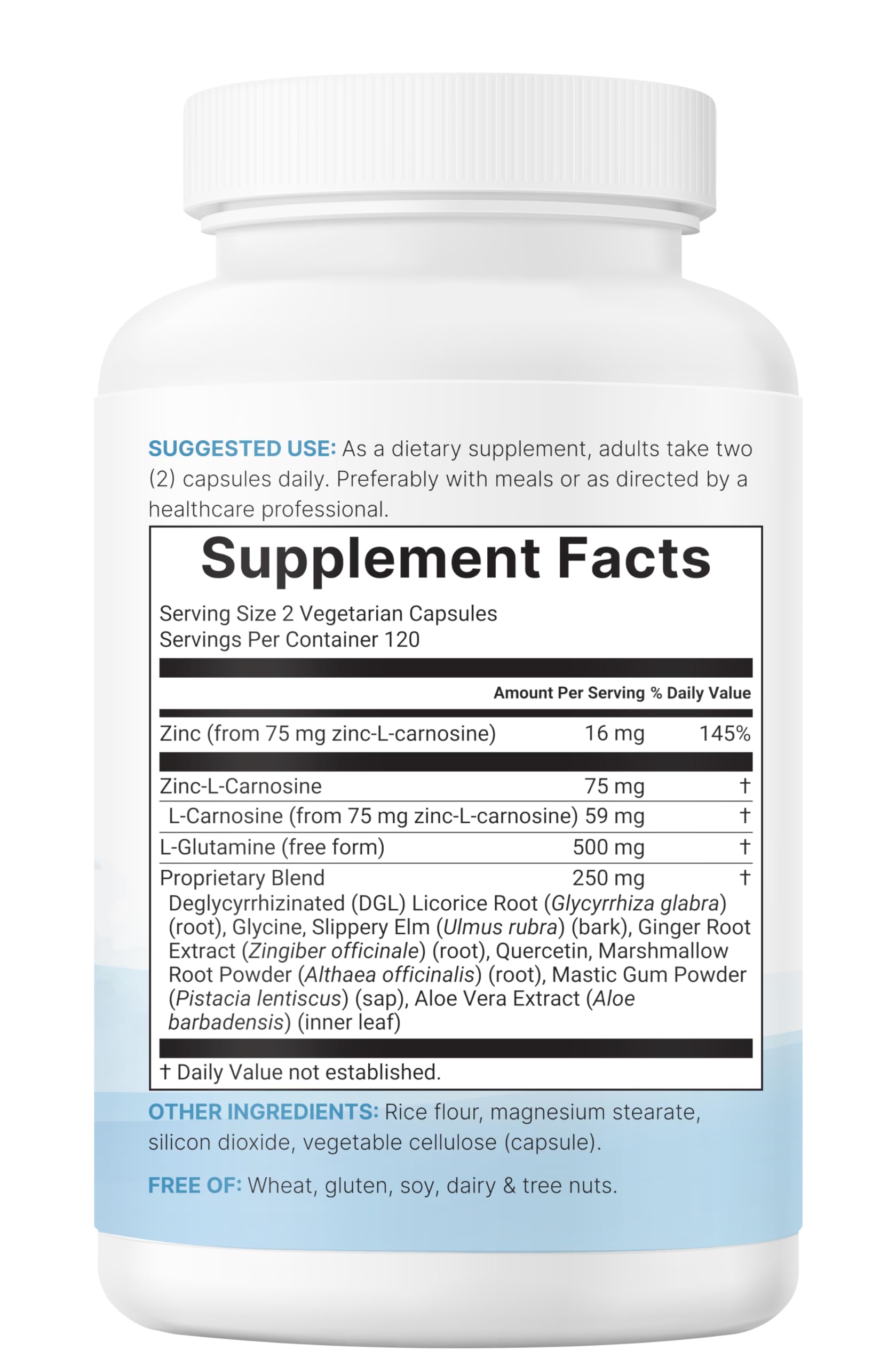 Micro Ingredients Zinc Carnosine 75mg, logo CGMP et tests tiers affichés pour la qualité.
