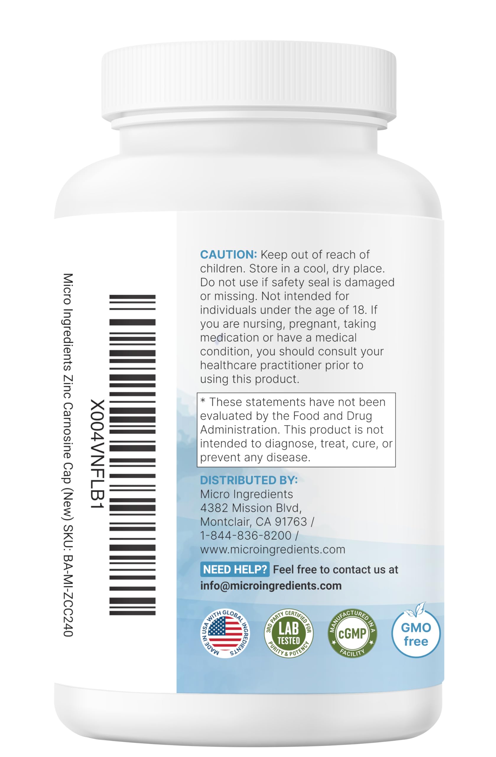 Micro Ingredients Zinc Carnosine 75mg, prise quotidienne pratique et simple.