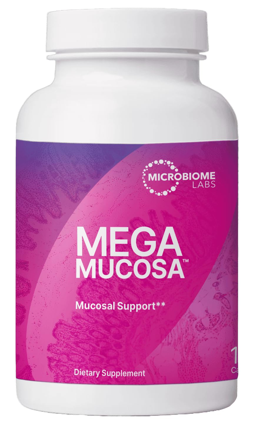 MegaMucosa Microbiome Labs – bouteille visible, soutien potentiel à la muqueuse intestinale