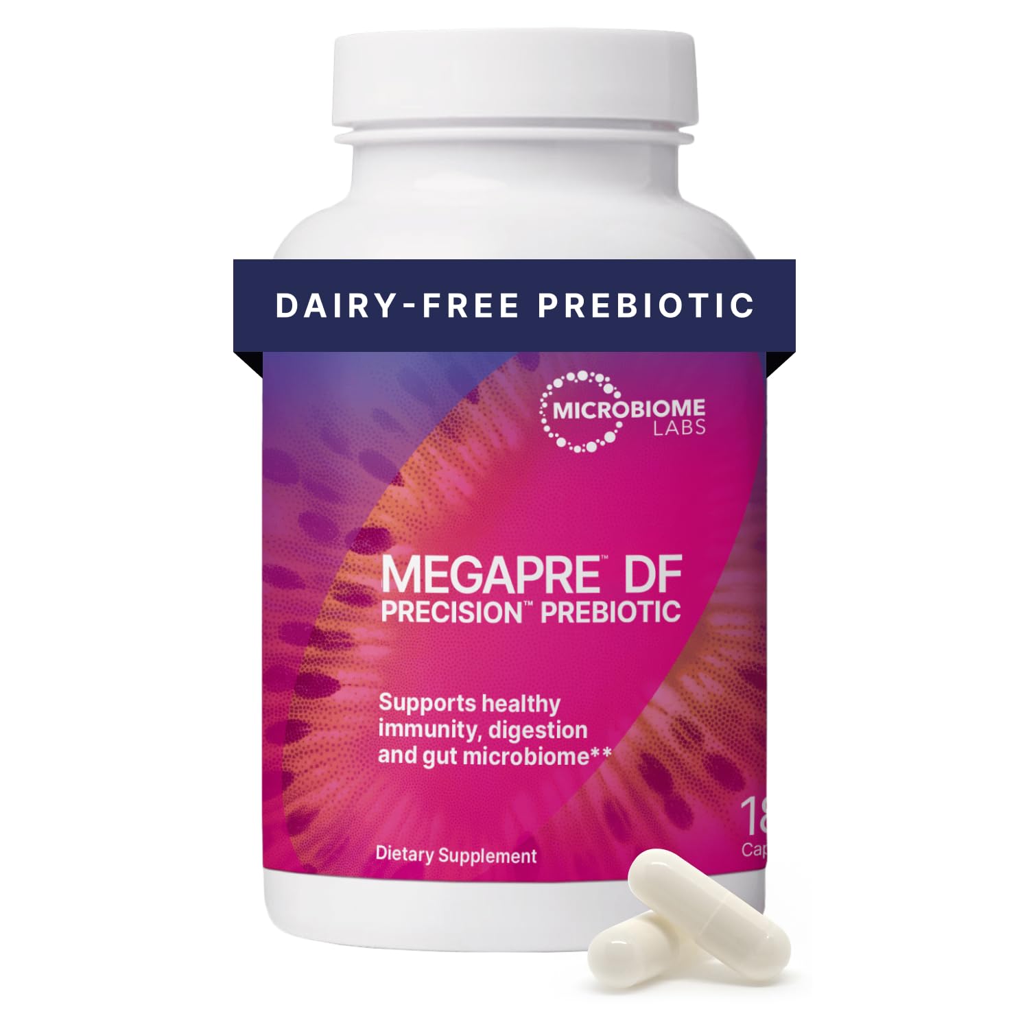 Microbiome Labs MegPre DF — bouteille de gélules, soutien possible à la diversité du microbiome.