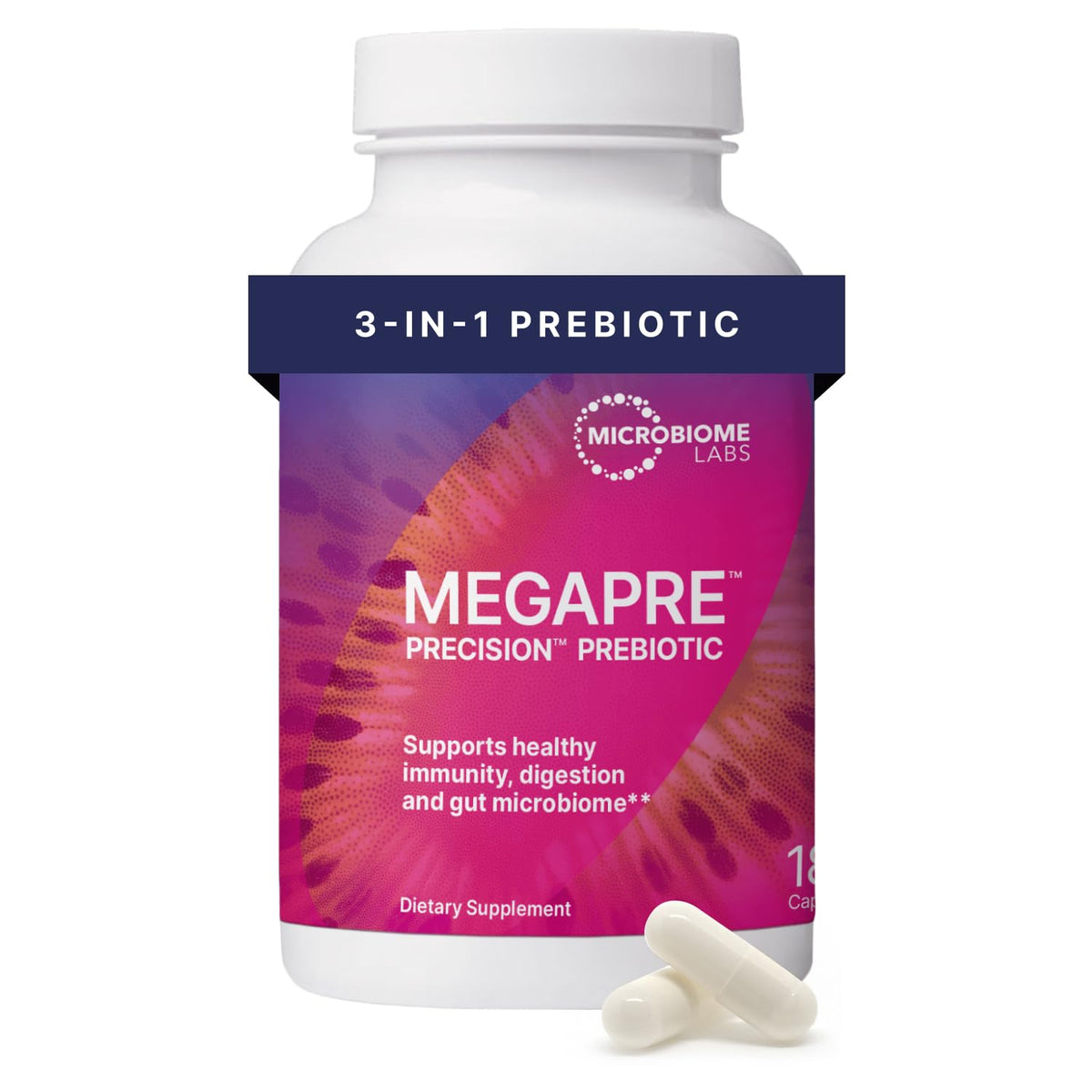 MegaPre par Microbiome Labs : gélules végétales pour soutenir le microbiome.