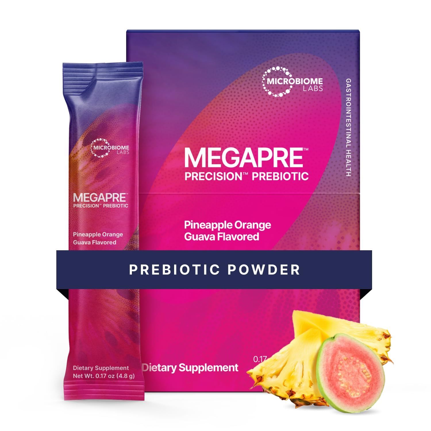 MegaPre de Microbiome Labs, poudre prébiotique fruitée, soutien digestif quotidien.