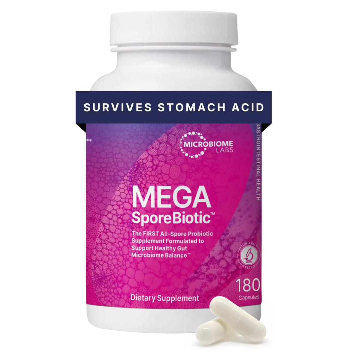 Microbiome Labs MegaSporeBiotic : bouteille de capsules, soutien digestif potentiel pour le quotidien.