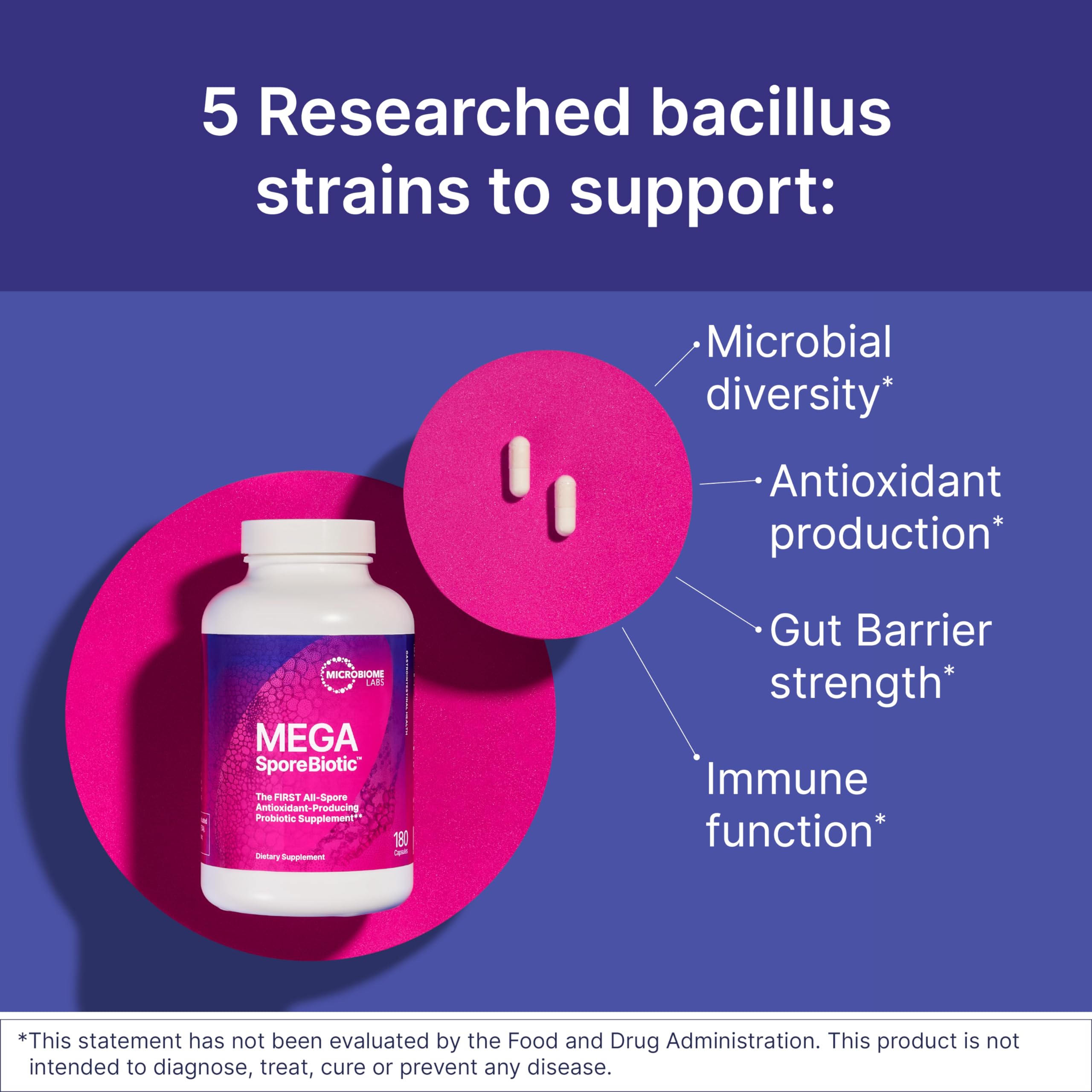 MegaSporeBiotic : capsules en gros plan, favorisant la diversité du microbiome.