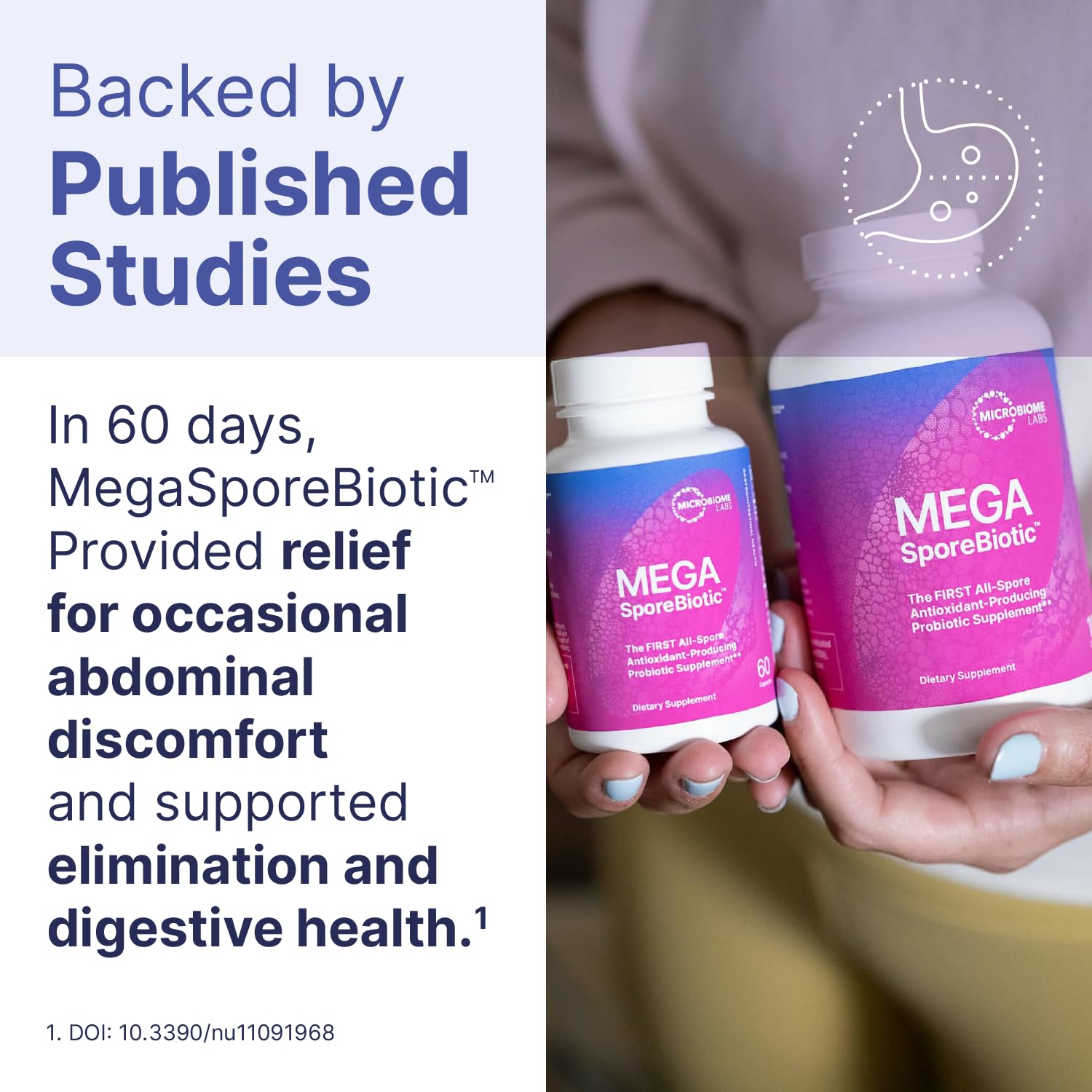 Microbiome Labs MegaSporeBiotic : étiquette indiquant la stabilité sans réfrigération.