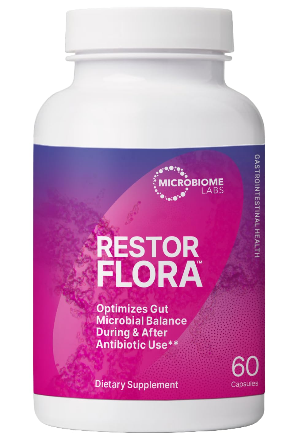 Restorflora Microbiome Labs – bouteille montrant les gélules, soutien digestif potentiel au quotidien.