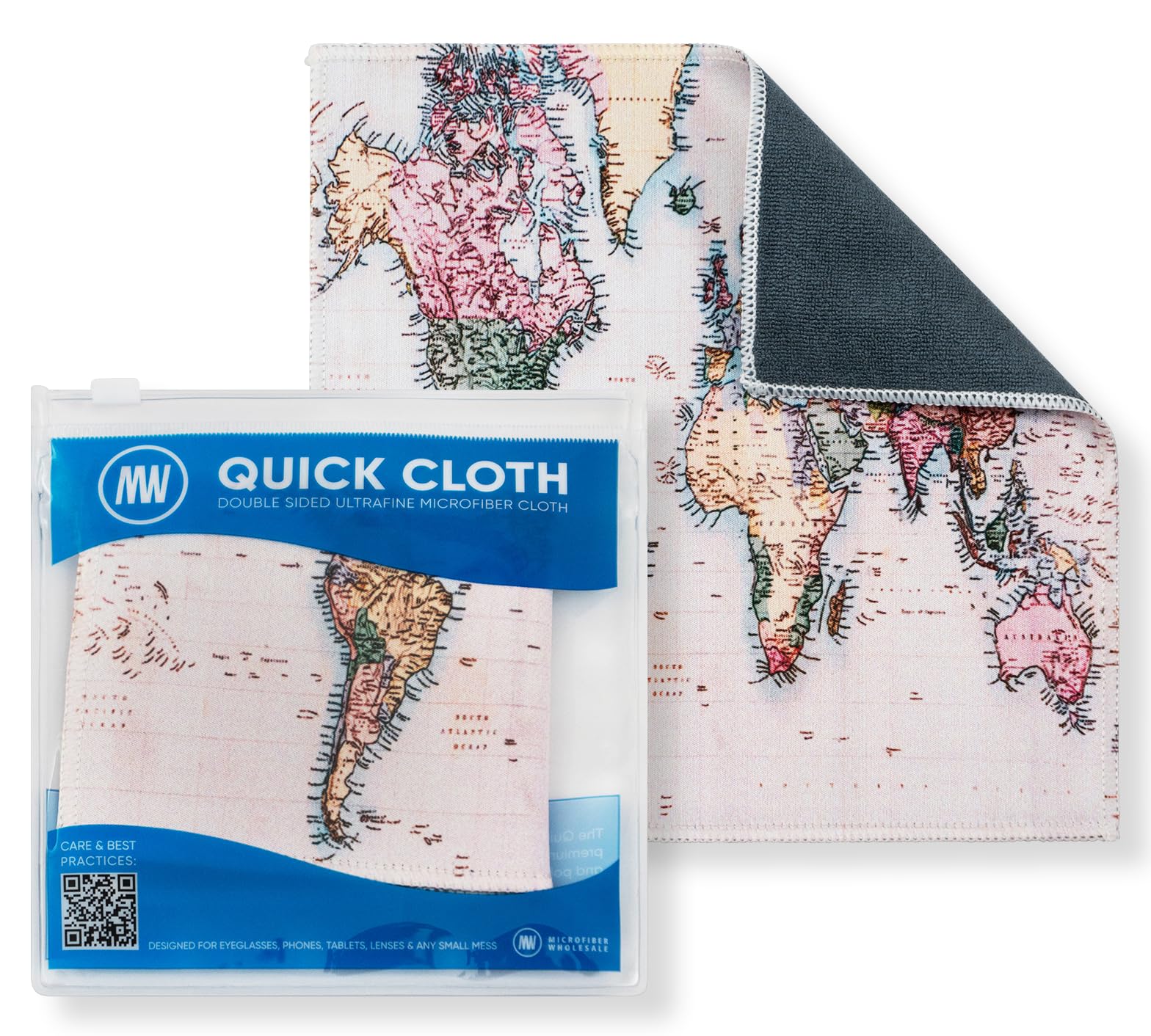 Microfiber Wholesale Quick Cloths sur carte-monde, nettoyage sans traces pour lunettes et écrans.