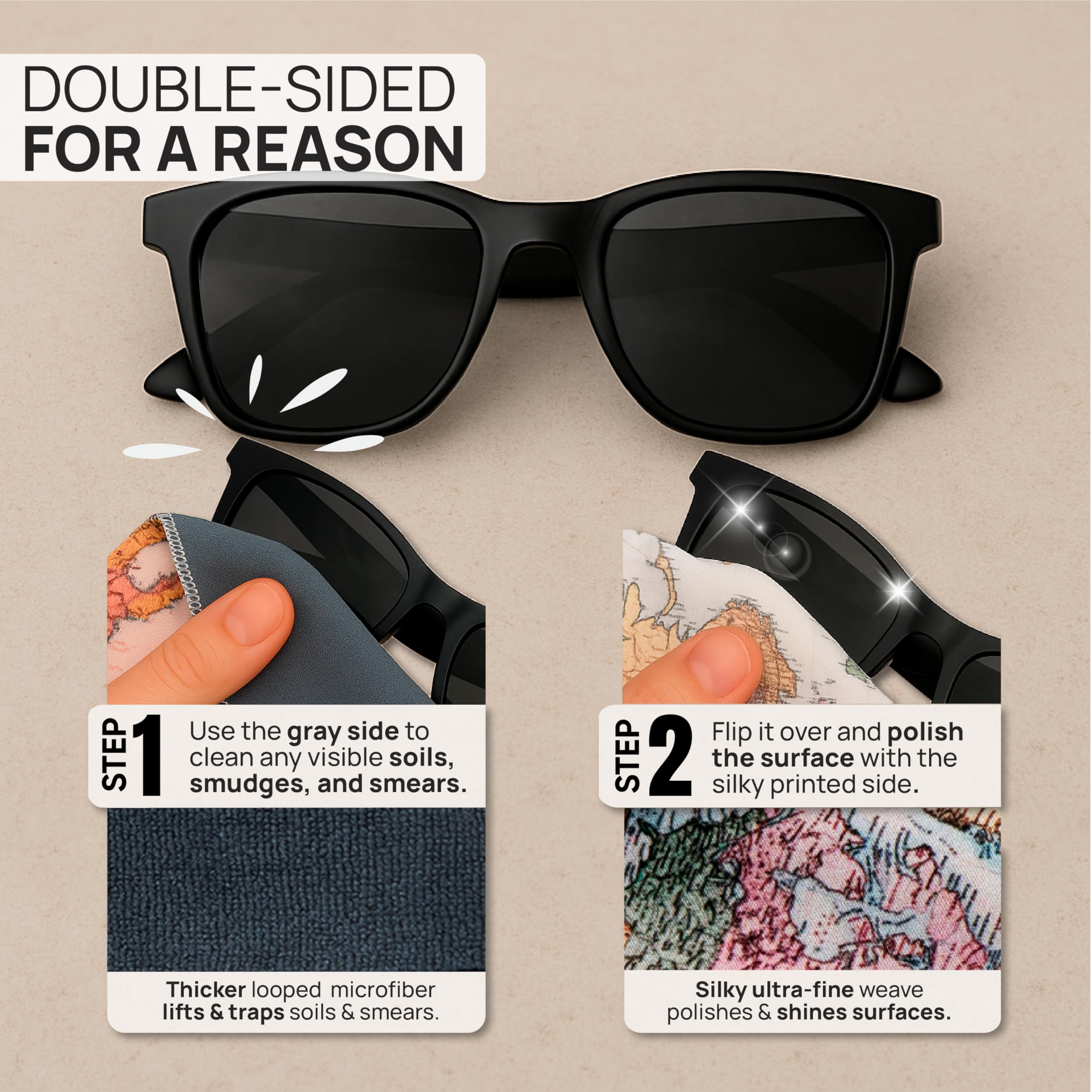 Face double des Quick Cloths pour un nettoyage en douceur et profondeur sur surfaces délicates.