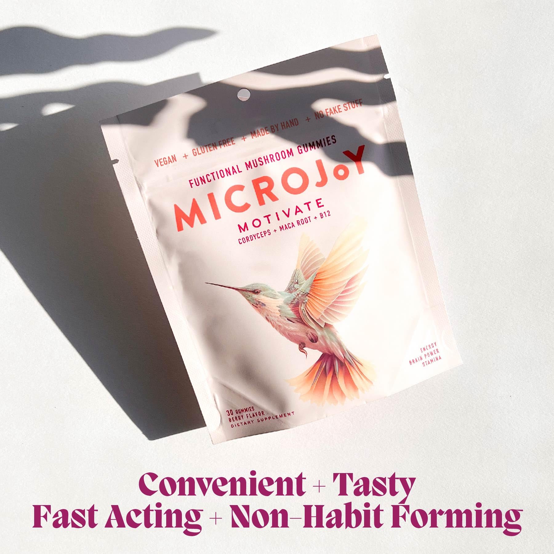 Microjoy Motivate gommes maca, énergie durable avant l’entraînement.