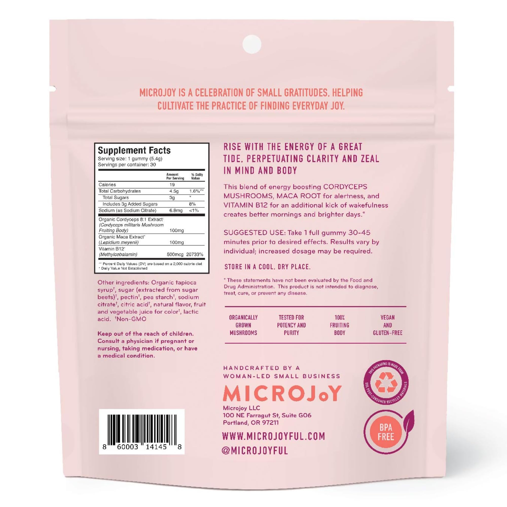 Microjoy Motivate emballage végan sans gluten, emballage écoresponsable et pratique.