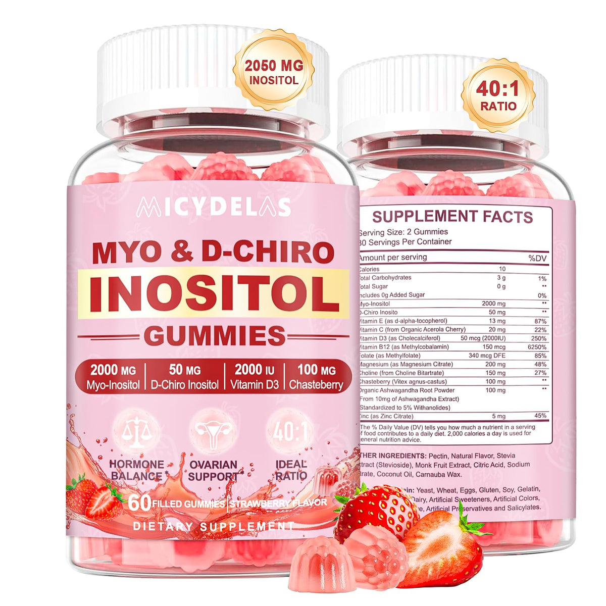 Gommes MICYDELAS Myo-Inositol, bouteille ouverte, routine quotidienne facilitée.