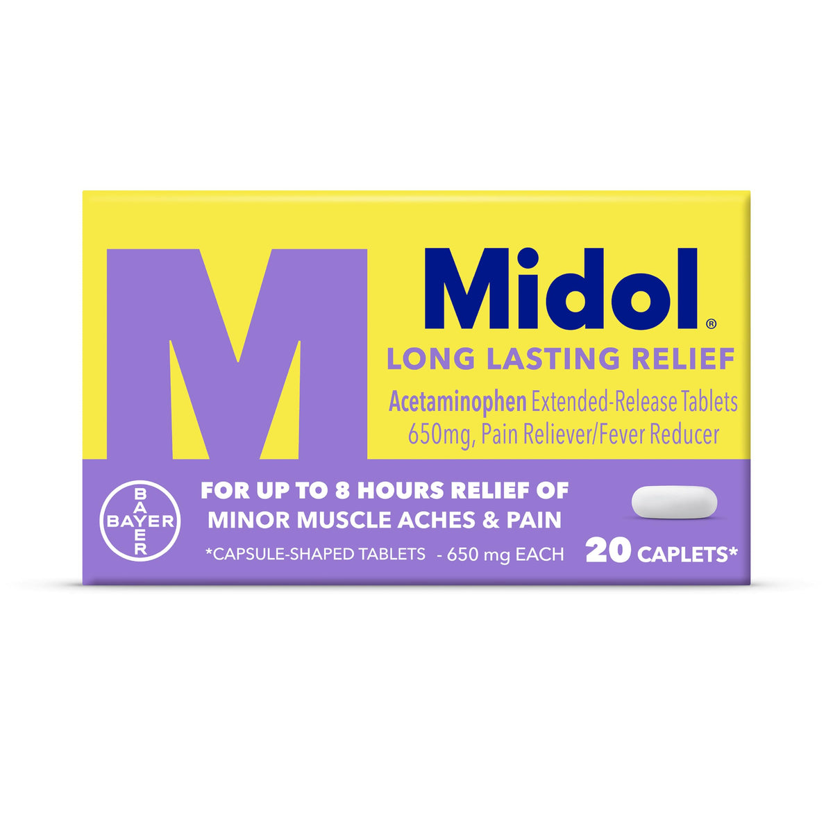 Midol emballage soulagement longue durée, caplets faciles à emporter.