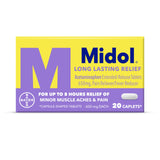 Midol emballage soulagement longue durée, caplets faciles à emporter.
