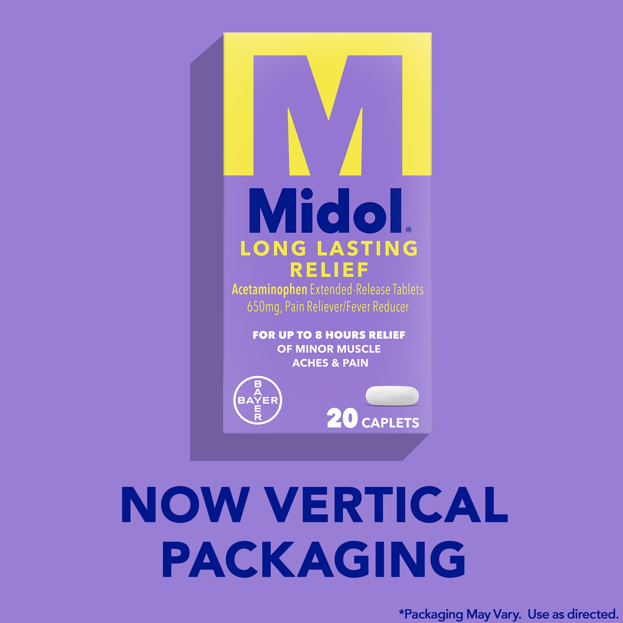 Bouteille Midol soulagement longue durée, caplets pratiques à emporter.