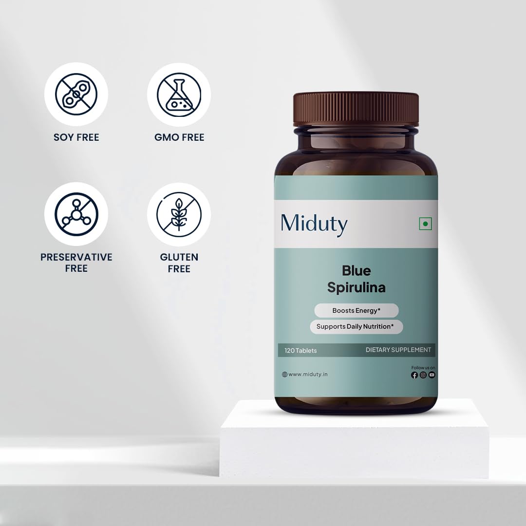 Miduty Palak Notes Blue Spirulina: vue sur les capsules couleur bleue naturelle.