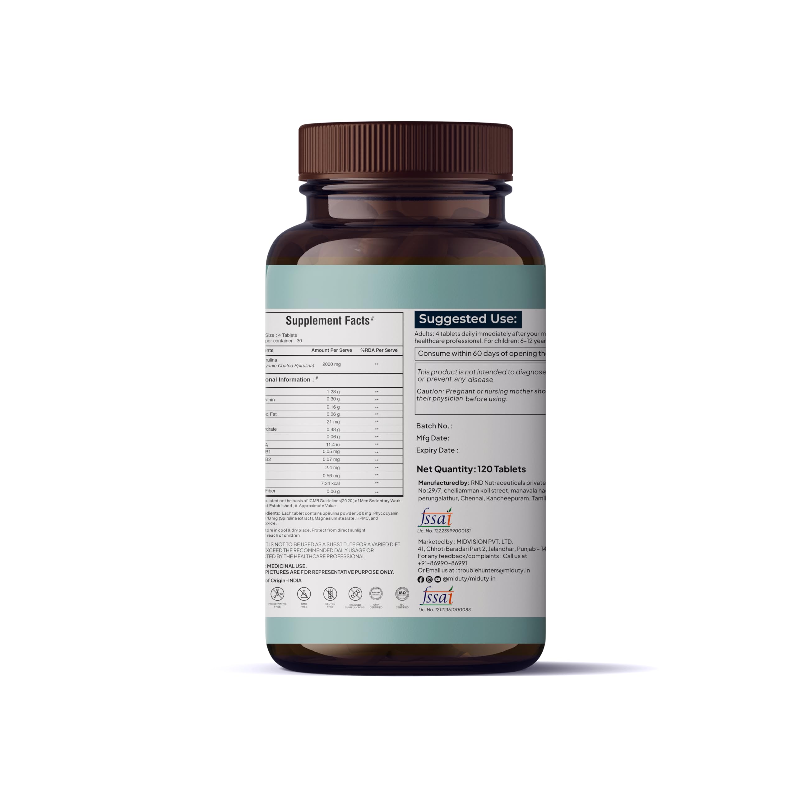Miduty Palak Notes Blue Spirulina: étiquette claire sans gluten et sans OGM.