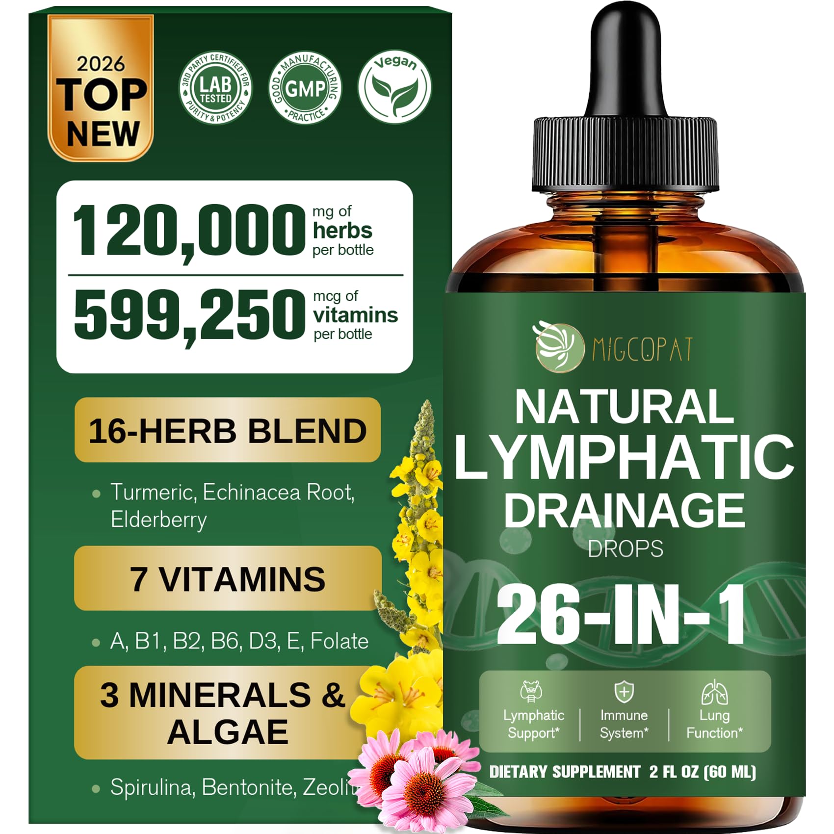 Migcopat – bouteille de gouttes drainant lymphatique, soutien potentiel détox.