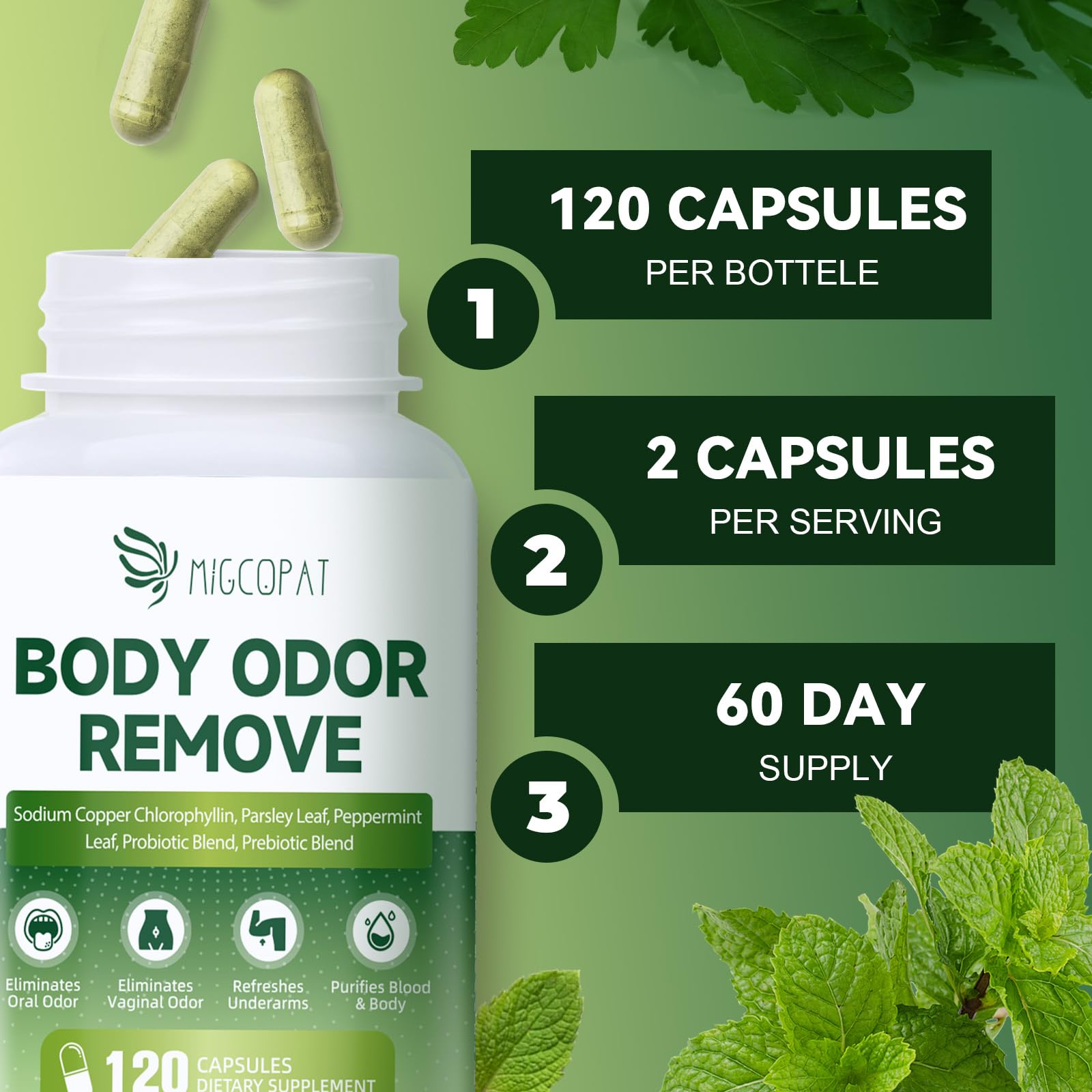 Migcopat: photo montrant la capsule prête à être avalée, simplicité d'utilisation.