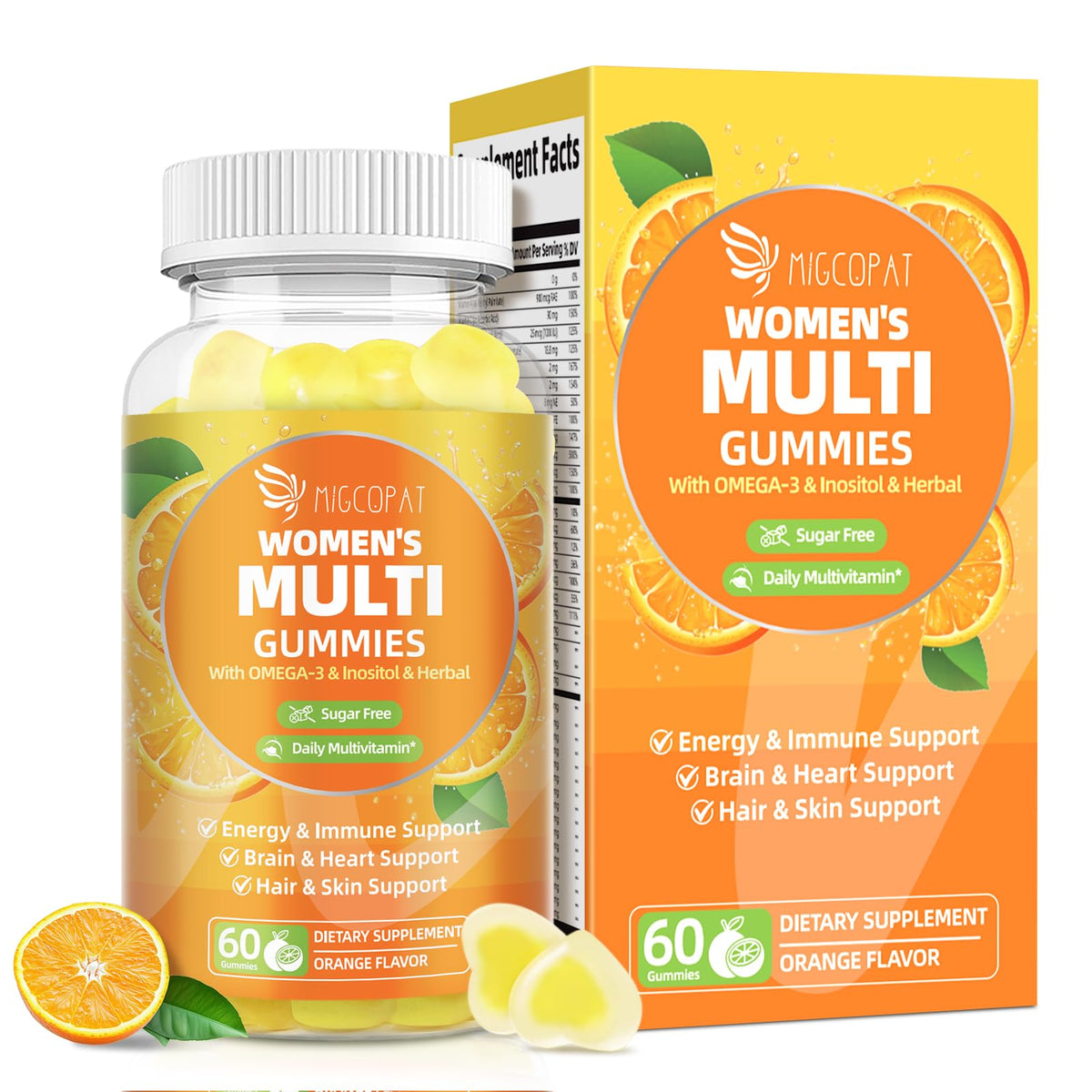 Migcopat Gommes pour femmes avec Omega-3 en bouteille, soutien cœur et énergie.