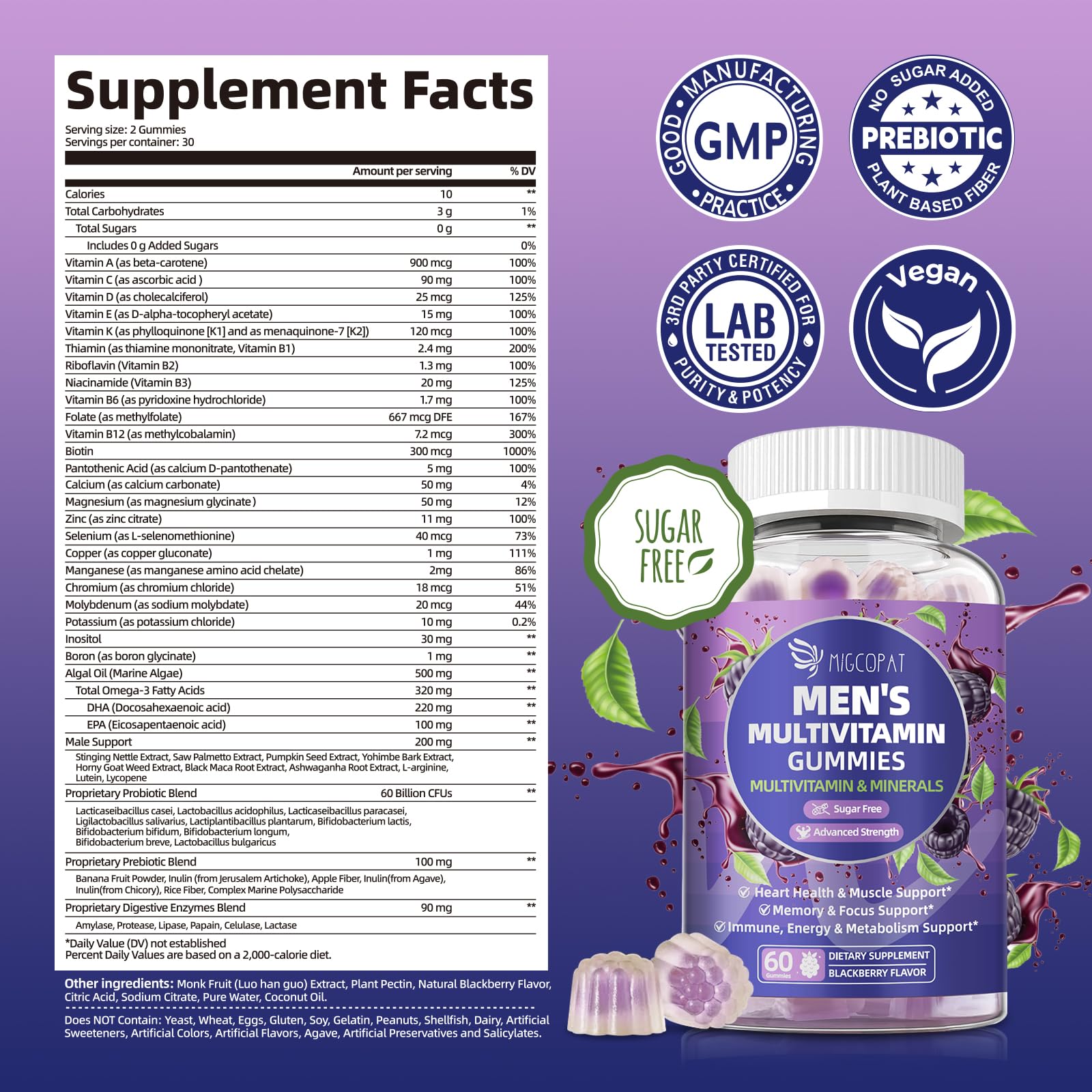 Migcopat Multivitamines Homme, gommes mûres, goût mûre, facilité à prendre.