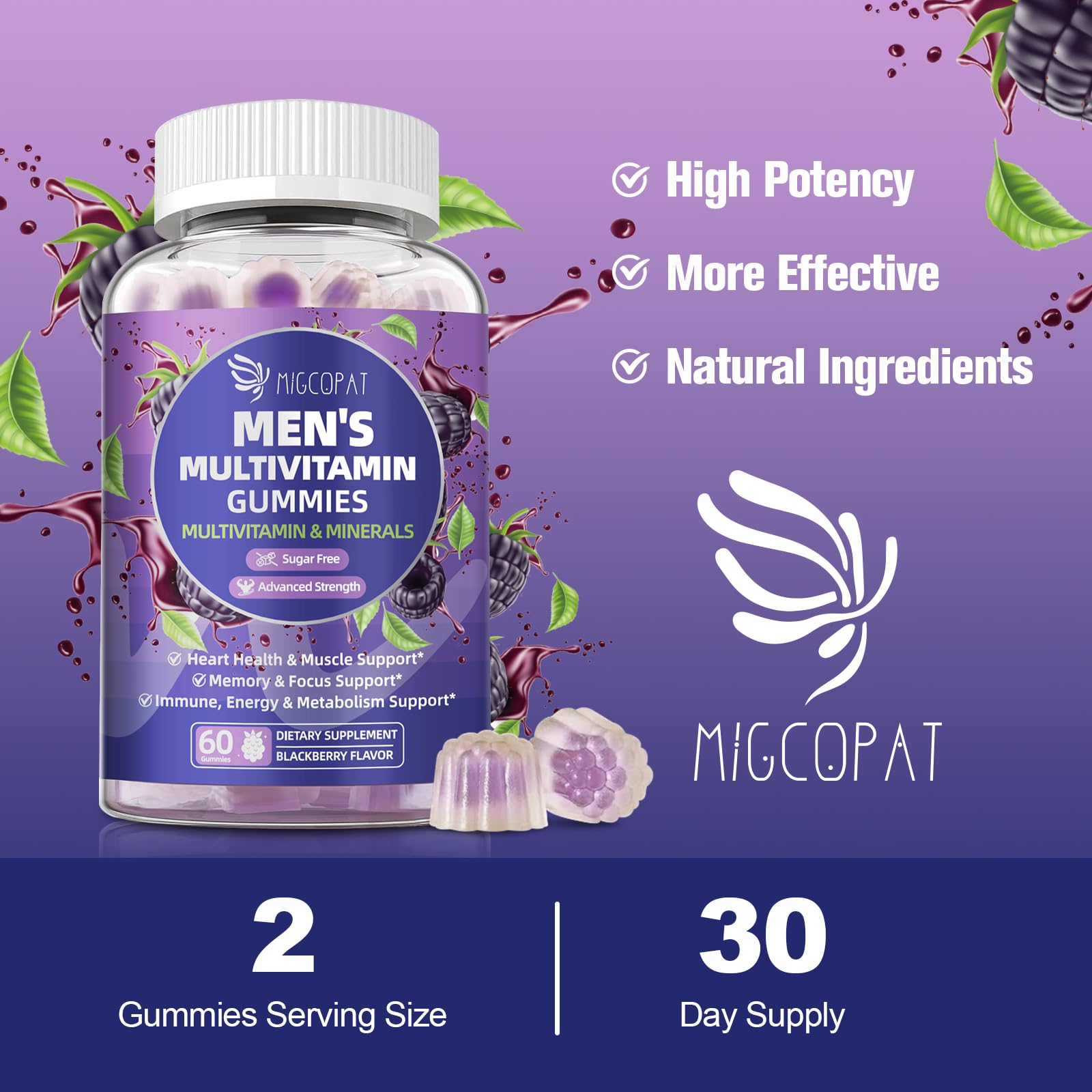 Migcopat Multivitamines Homme, sans sucre, extrait de moine et saveur mûre.