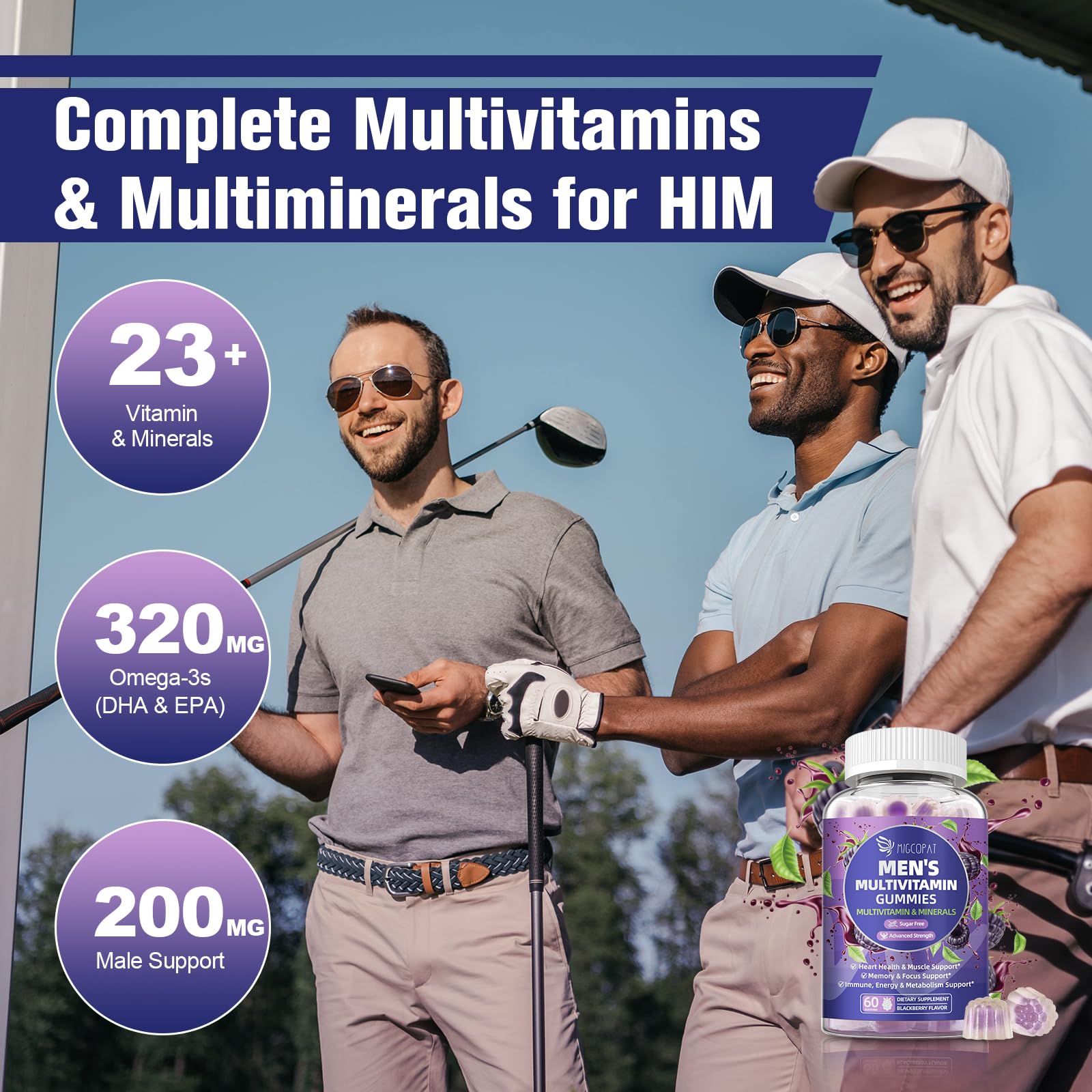 Migcopat Multivitamines Homme, tableau des composants clés et bénéfices.