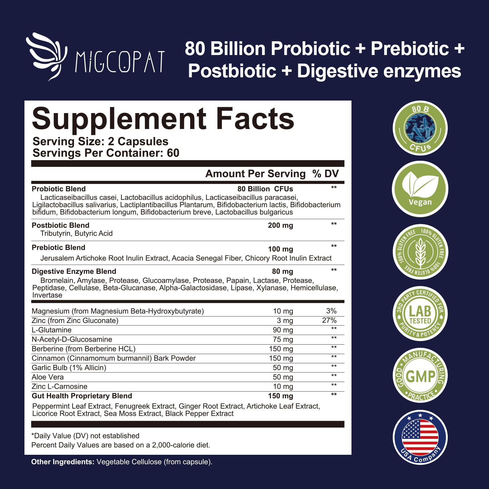 Migcopat Probiotiques, capsules visibles, facilité d'utilisation quotidienne.
