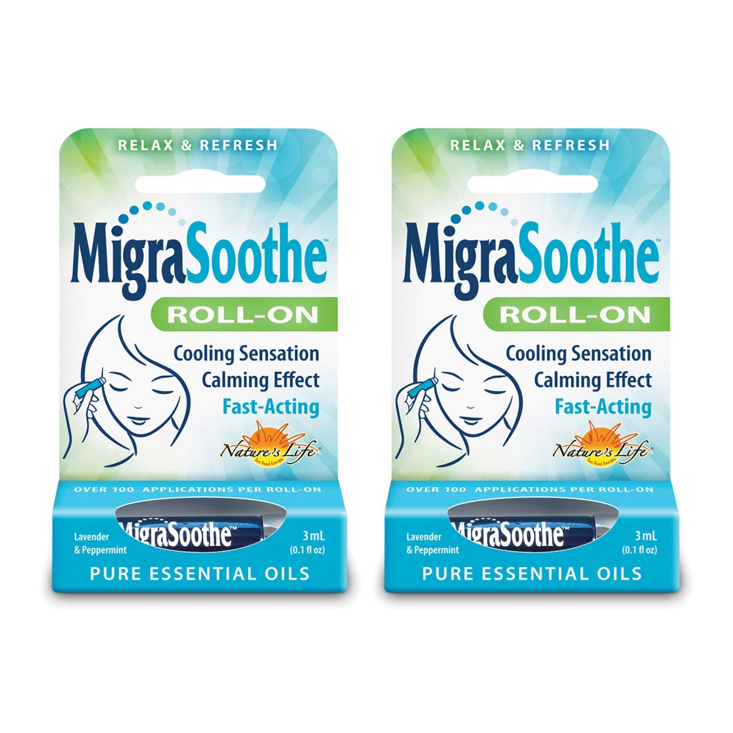 MigraSoothe roll-on montrant l'emballage portatif, parfait pour mobilité et usage quotidien.