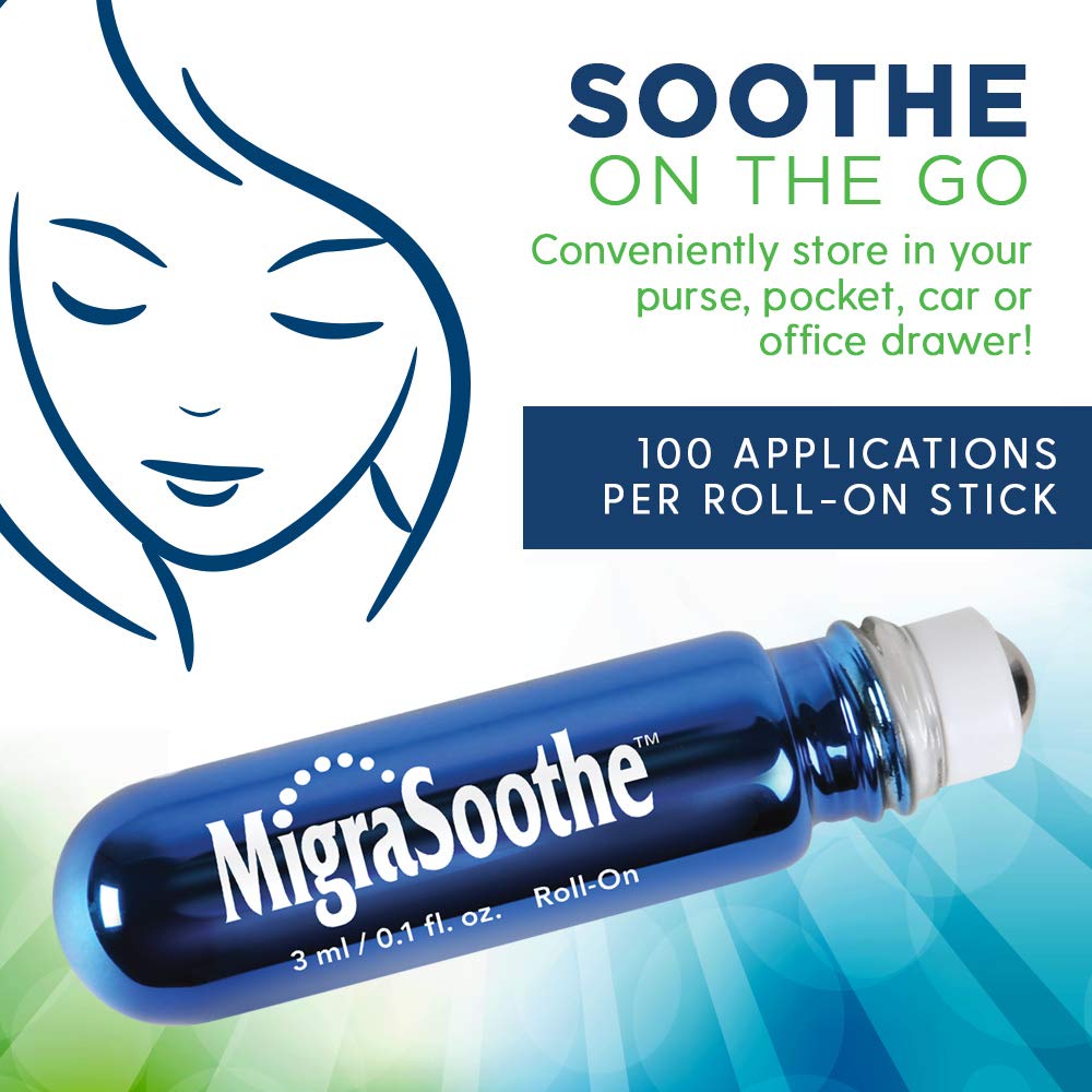 MigraSoothe roll-on utilisable en déplacement, sac à main, voiture ou bureau.