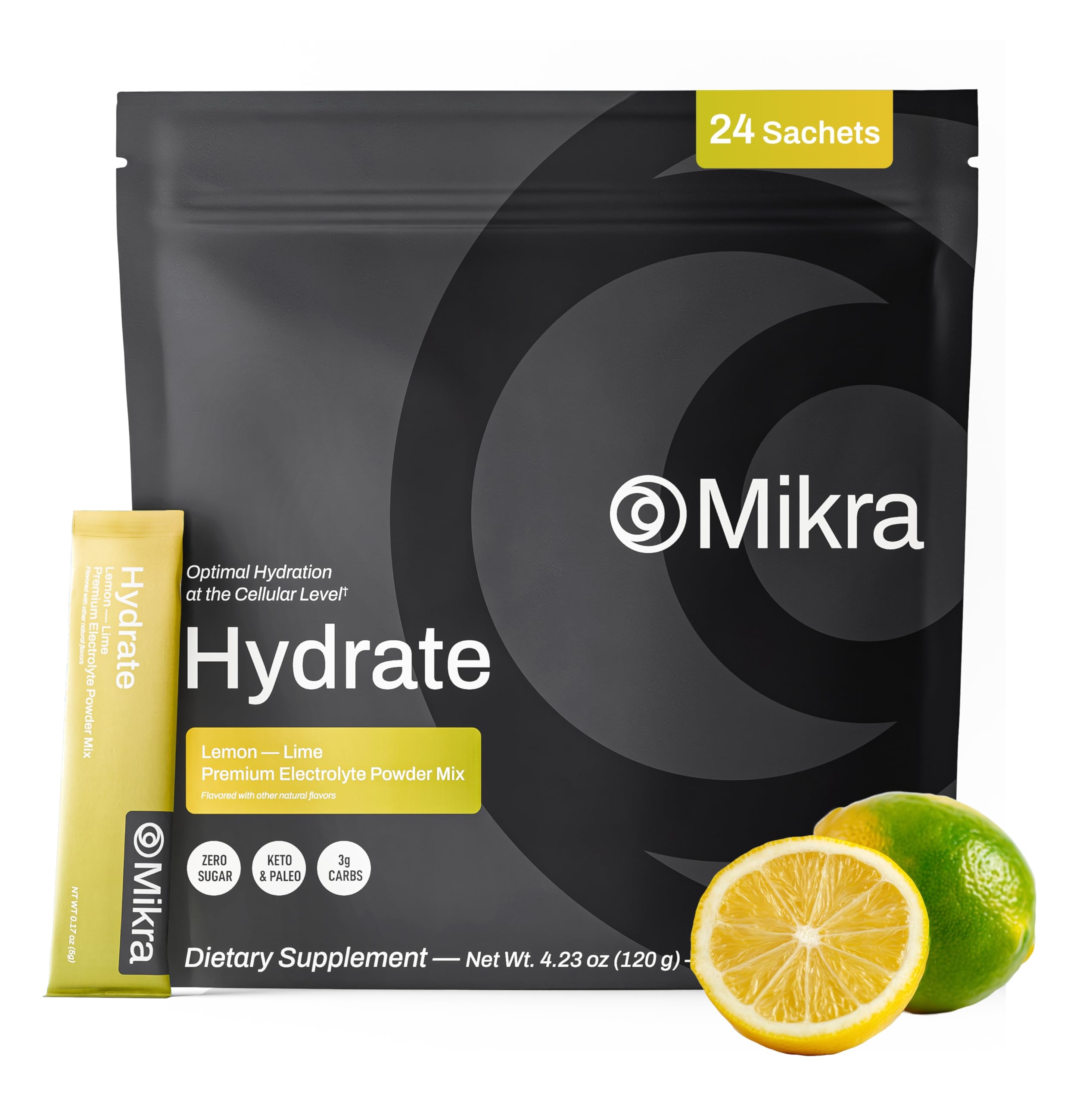Mikra Hydrate sur table, pochette d'électrolytes pour hydratation rapide.