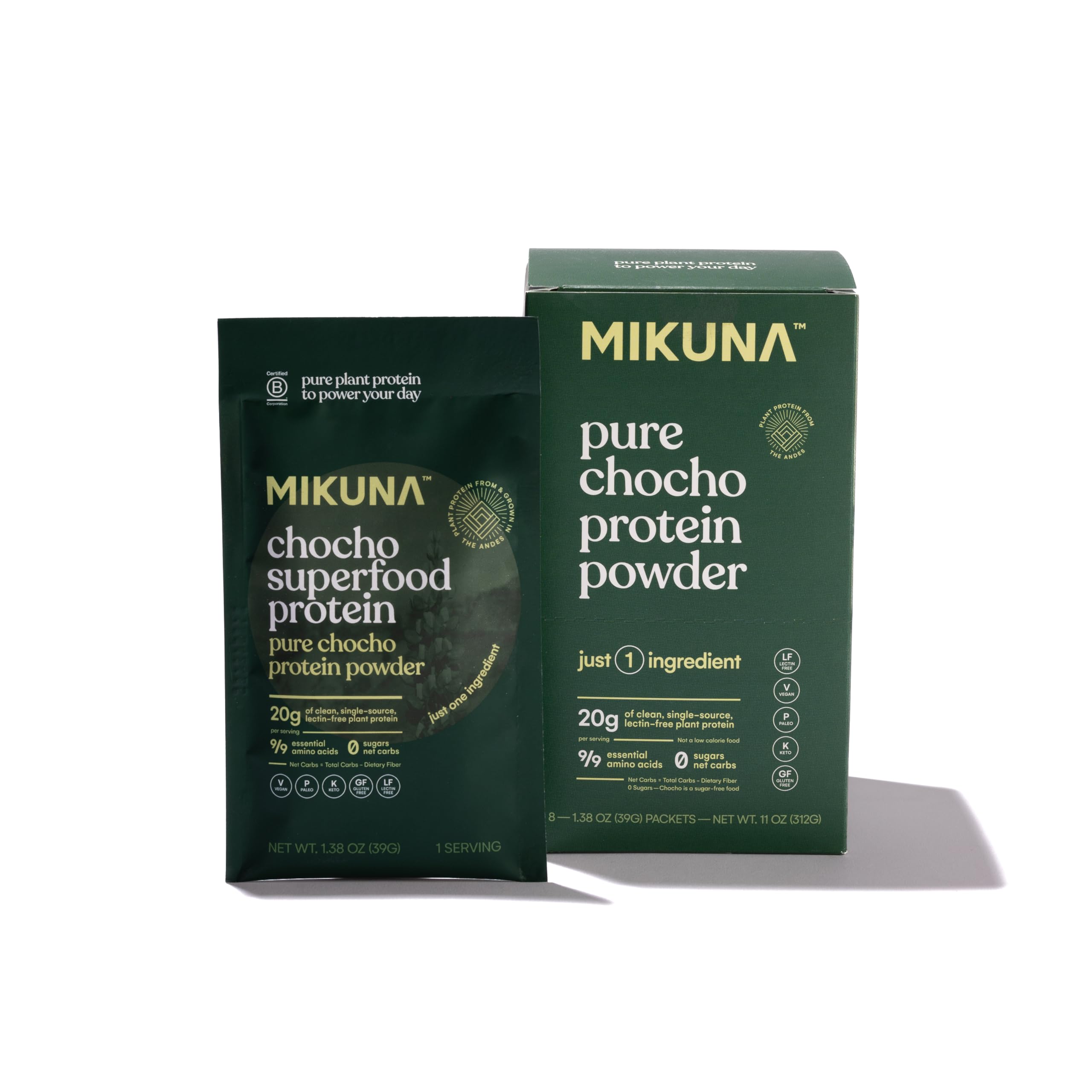 Mikuna Chocho emballage avant: aperçu du produit et promesse de protéines végétales.