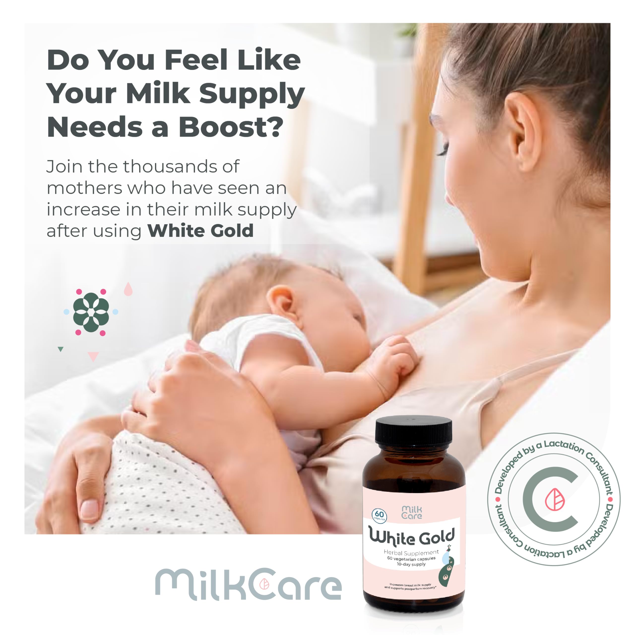 Milkcare White Gold étiquette présente une liste d'ingrédients claire et sans fenugrec.