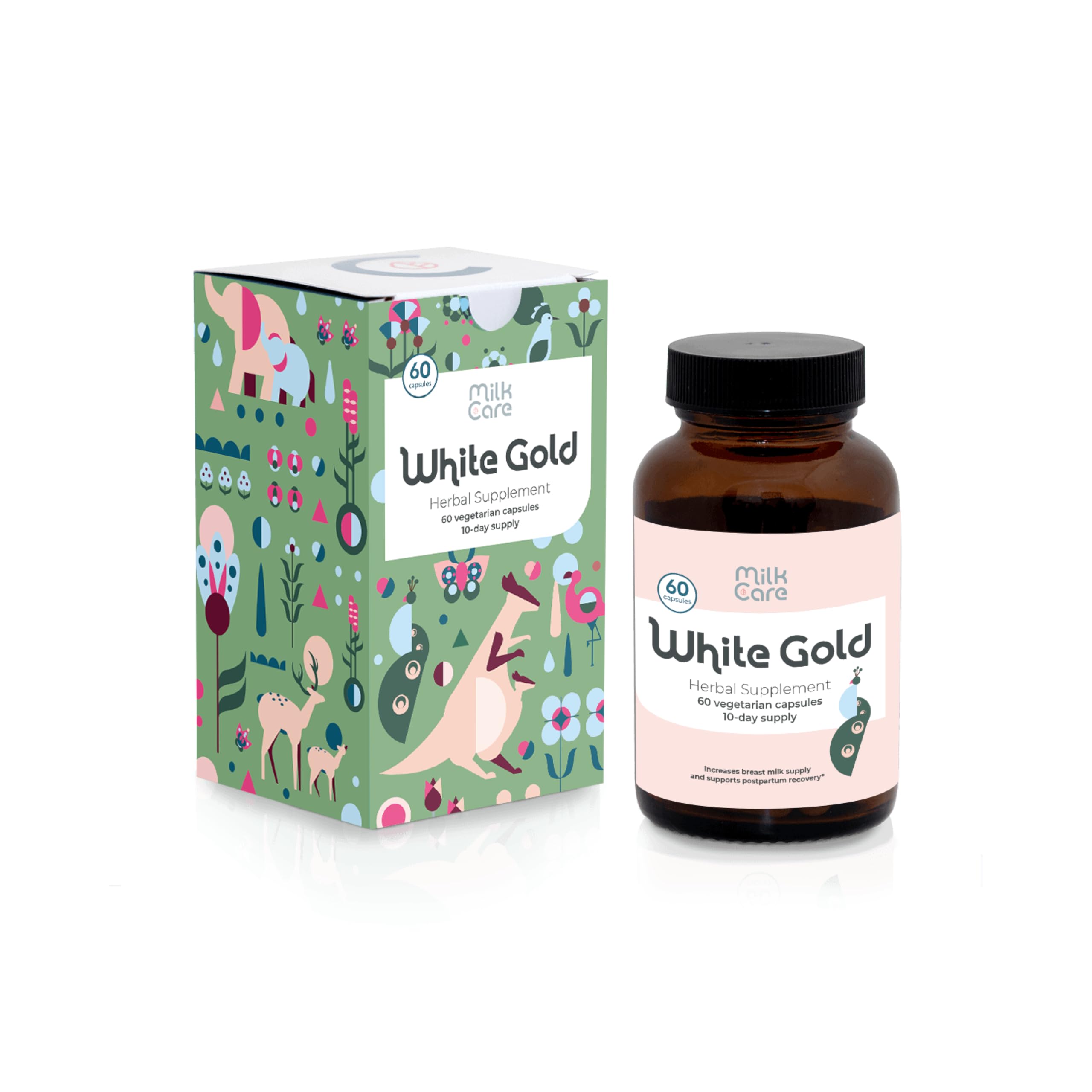 Milkcare White Gold flacon apporte un soutien potentiel à l'allaitement au quotidien.